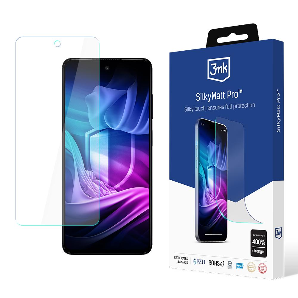 Un telefono con protezione schermo, una scatola con la scritta SilkyMatt Pro e una pellicola protettiva.
