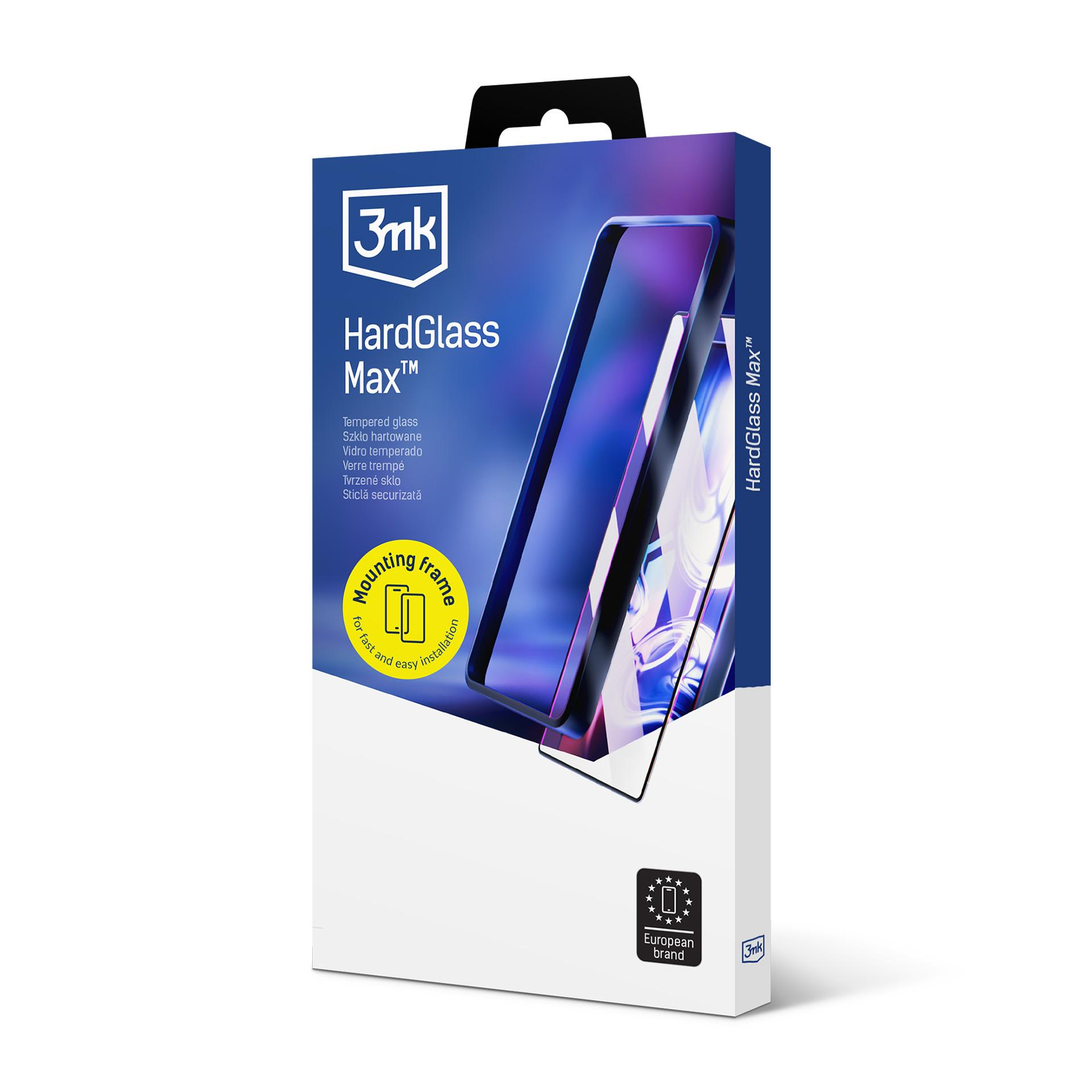 Una scatola di protezione per lo schermo del telefono. C'è scritto HardGlass Max. La scatola è bianca e blu. C'è il logo.