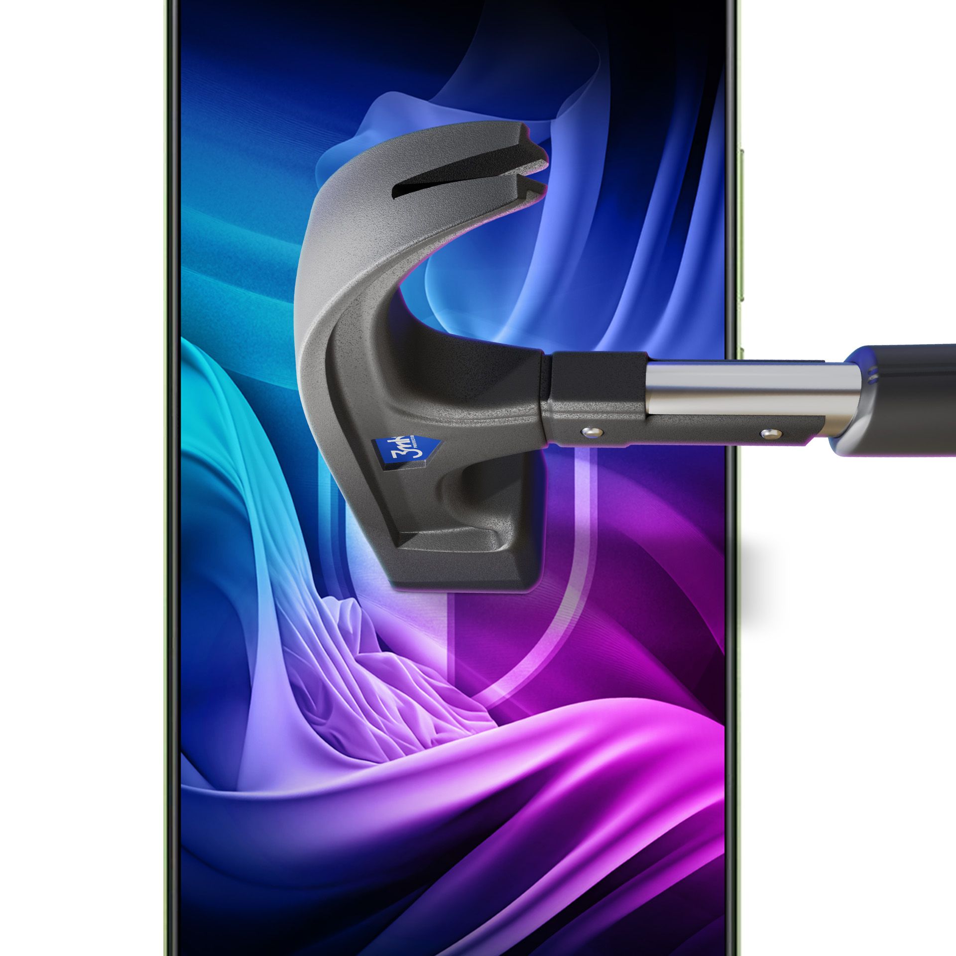 Uno schermo del telefono viene testato con un martello. Lo schermo mostra forme astratte viola e blu.