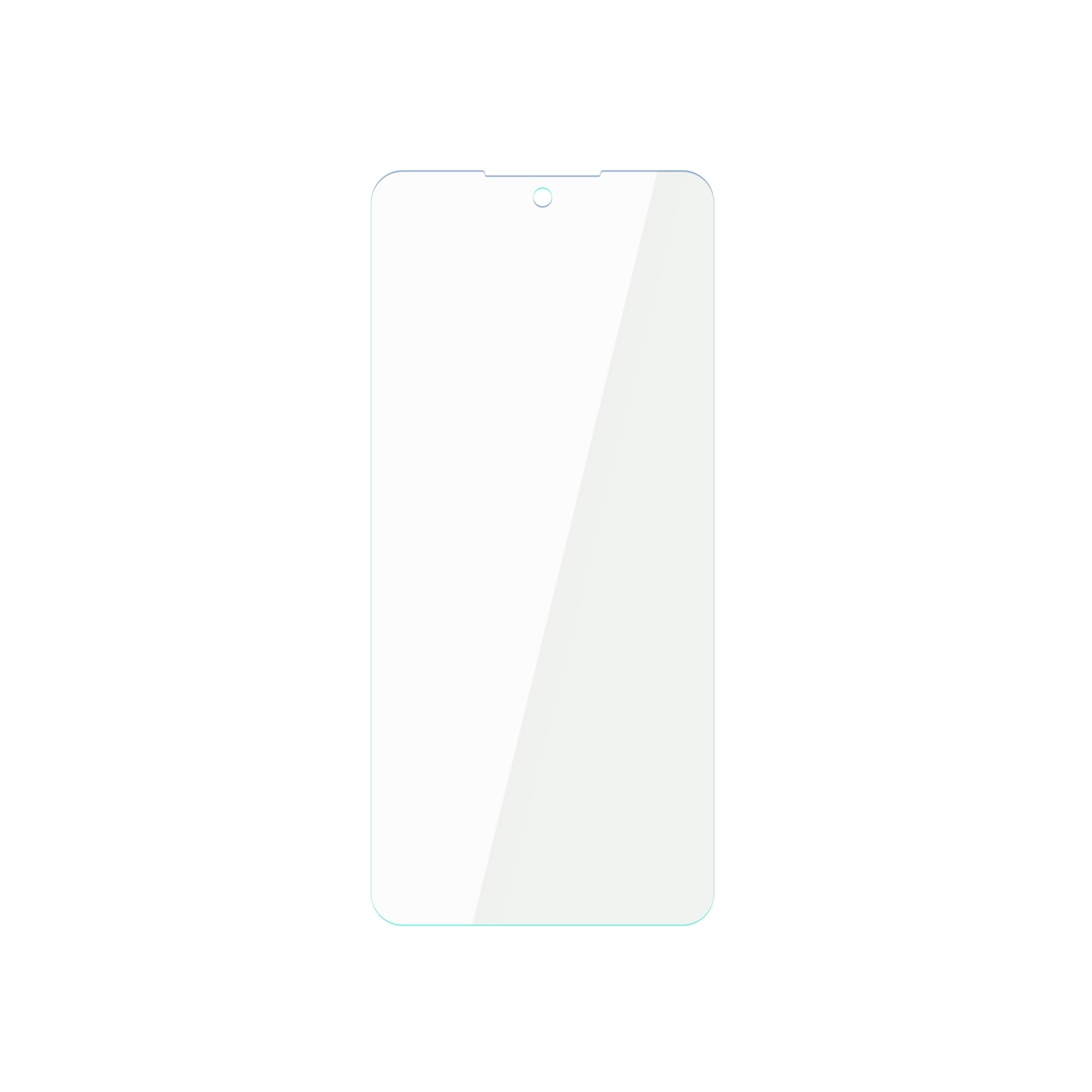Una protezione schermo per smartphone. Rettangolare con angoli arrotondati e una piccola tacca in alto. Lo sfondo è bianco.