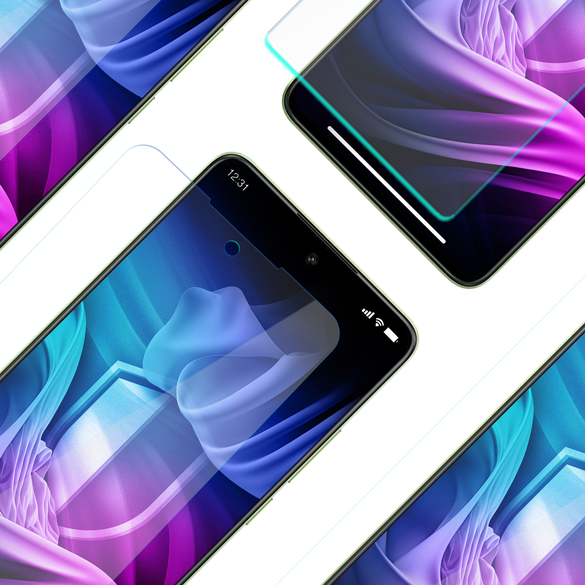 Più smartphone con protezioni schermo. Gli schermi mostrano design astratti e colorati. Sfondo bianco. I telefoni sono neri con bordi verdi.