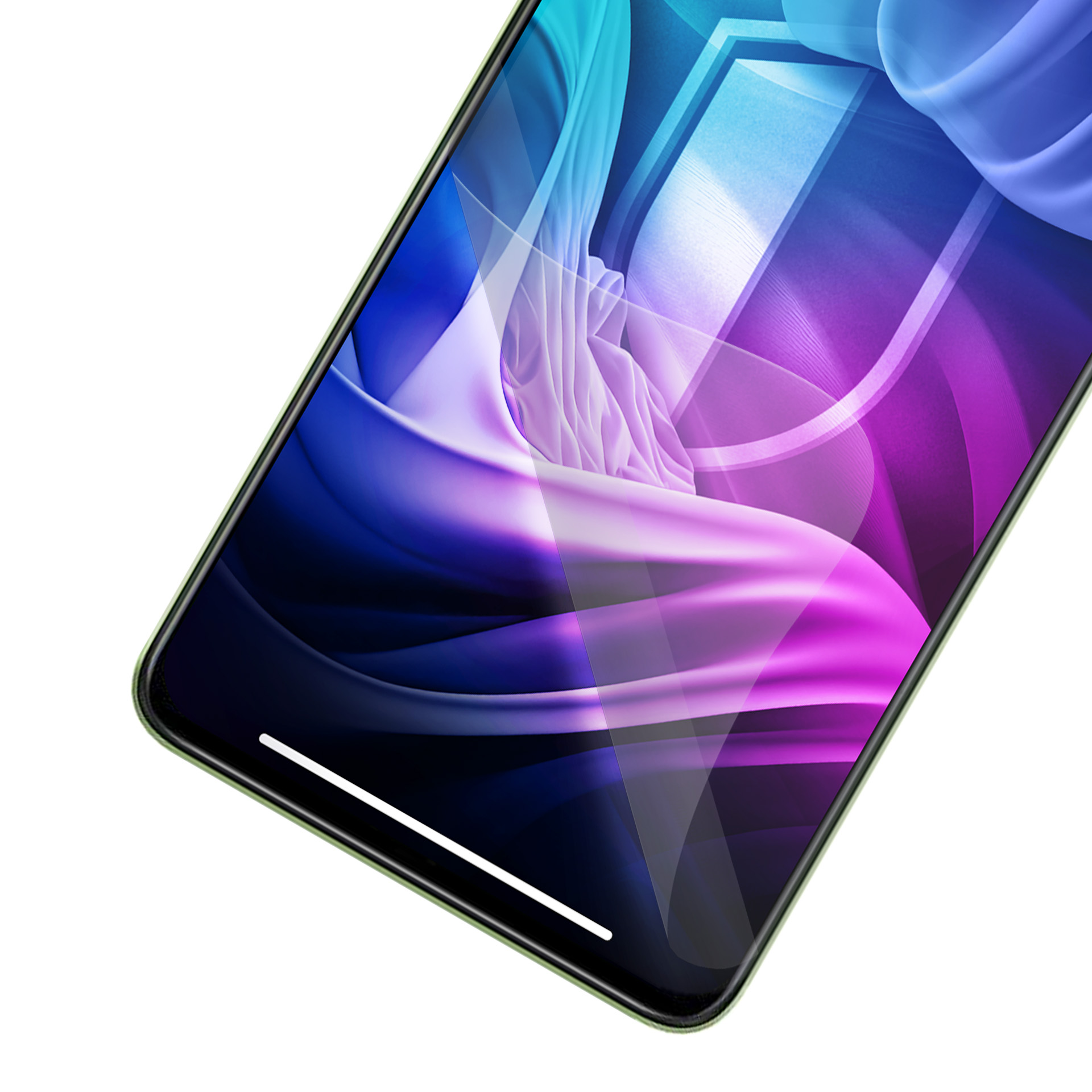 Uno smartphone con cornice verde mostra un design astratto blu, viola e bianco su sfondo bianco.
