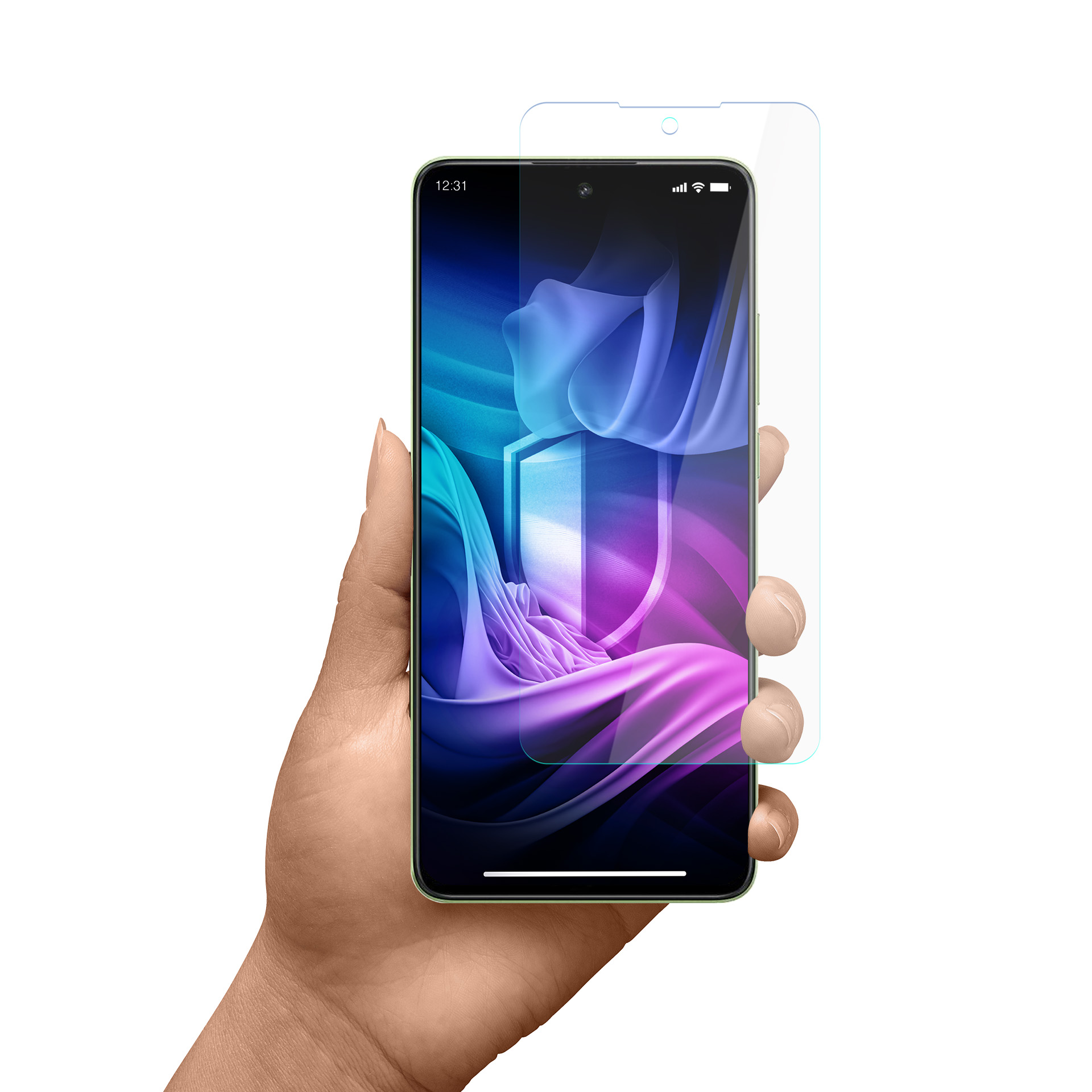 Mano che tiene un telefono con protezione schermo. Il telefono ha uno sfondo colorato. La protezione è trasparente.