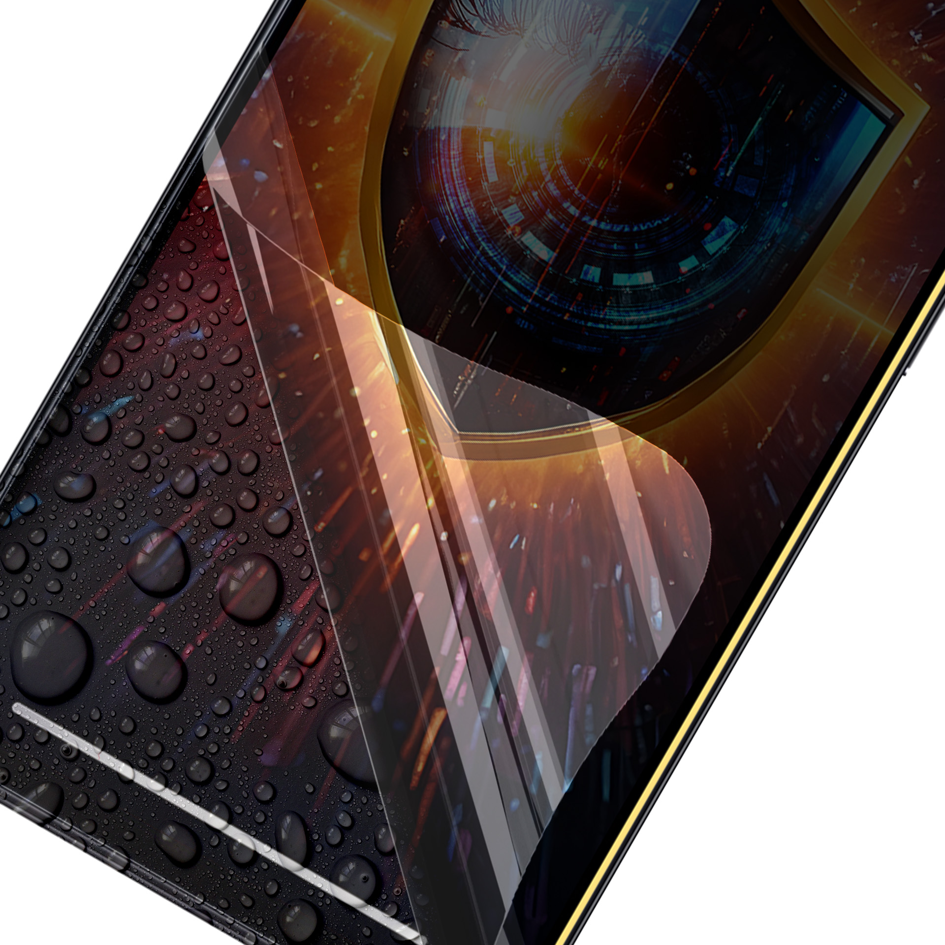 Pellicola protettiva per schermo del telefono con gocce d'acqua e un design tecnologico visibile.