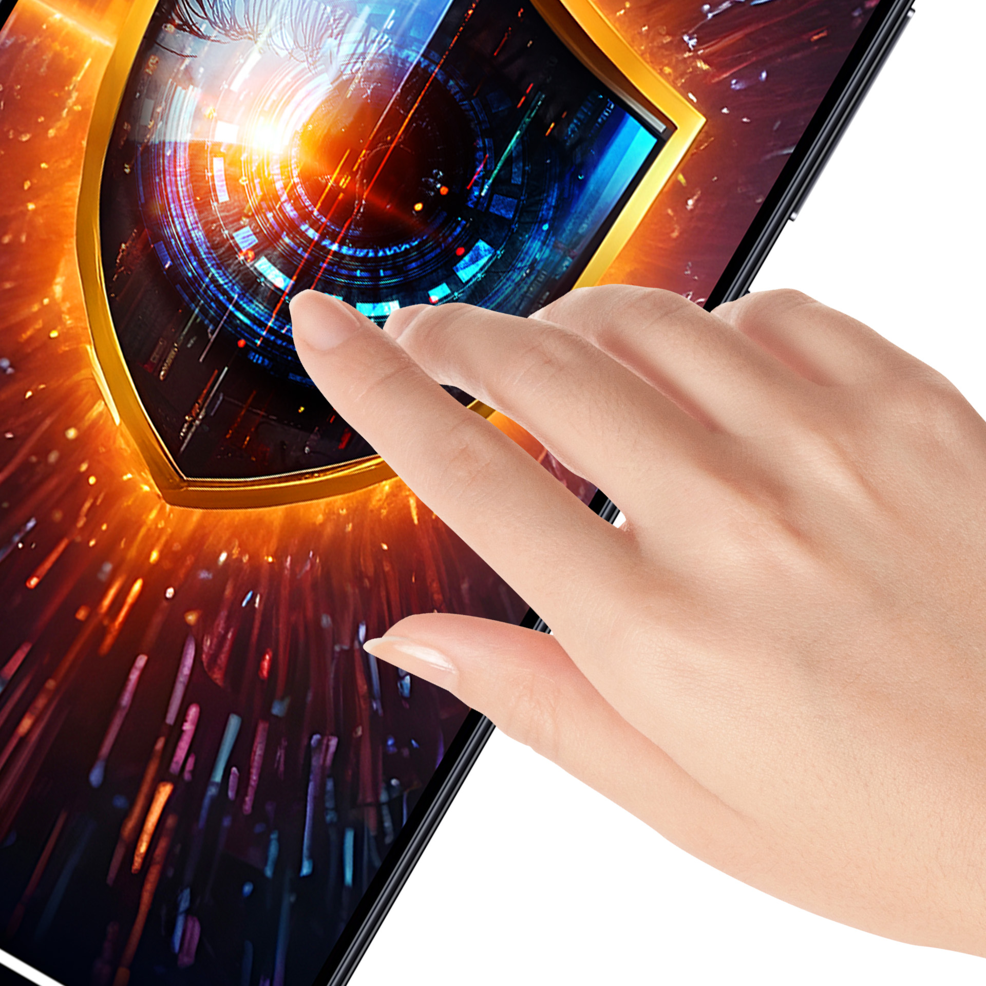 Una mano tocca lo schermo di un tablet con una grafica di scudo luminoso, circondata da luci rosse e blu.