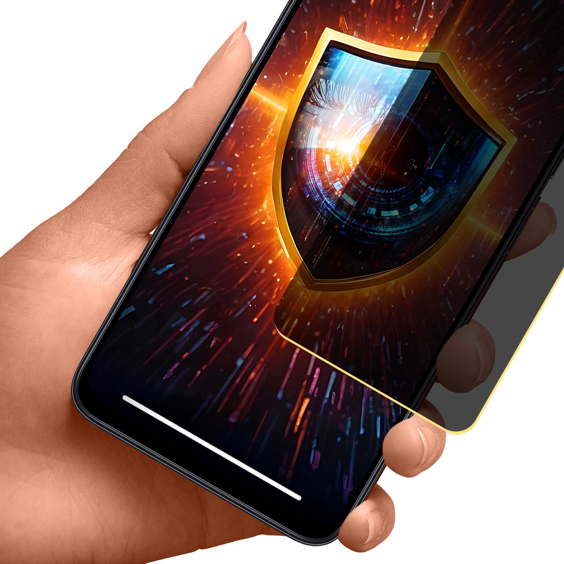 Una mano che tiene un telefono che mostra un'icona a scudo, cornice dorata. Lo sfondo è un'esplosione di luce.