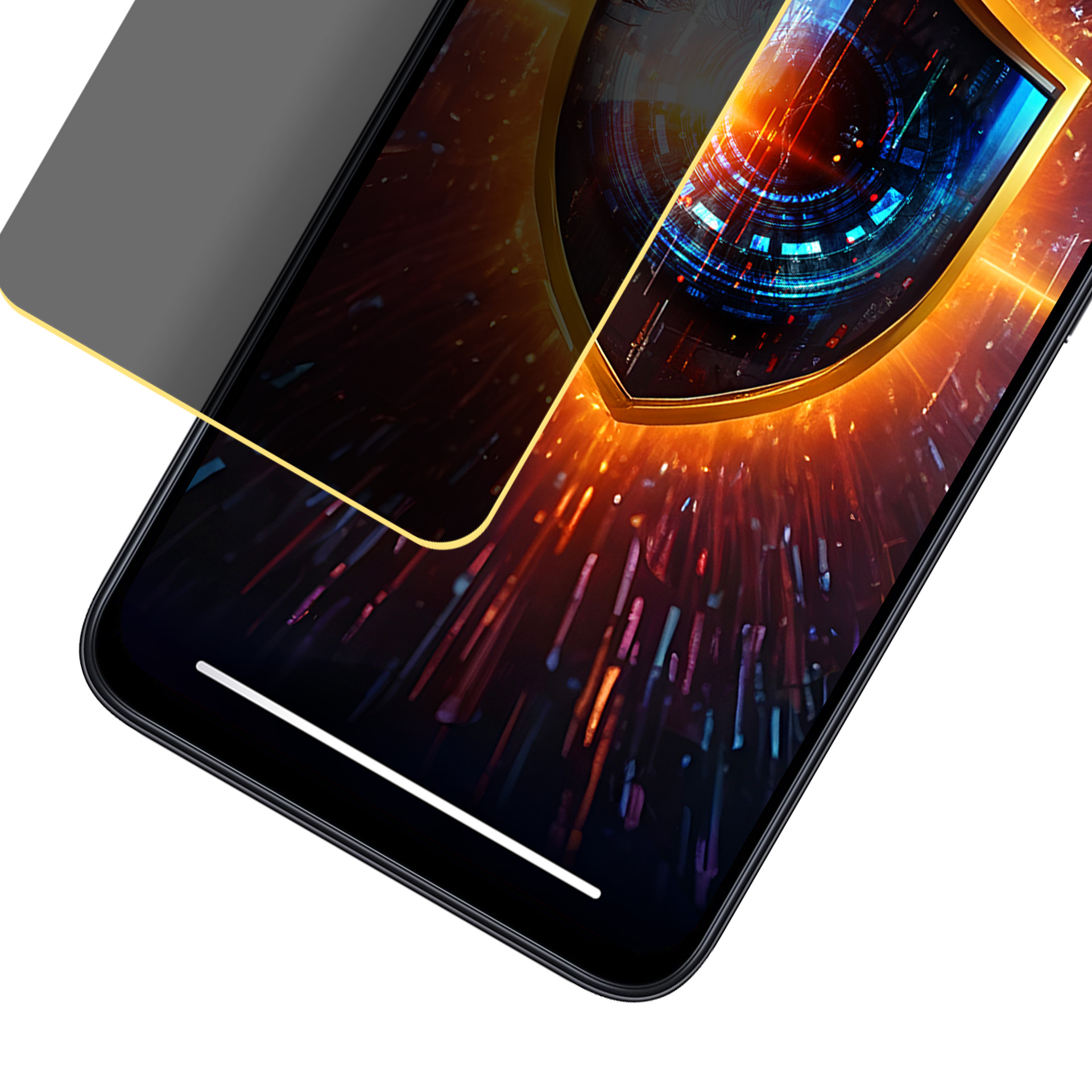 Smartphone con protezione schermo. Lo schermo mostra uno scudo digitale. Un protettore grigio in alto a sinistra.