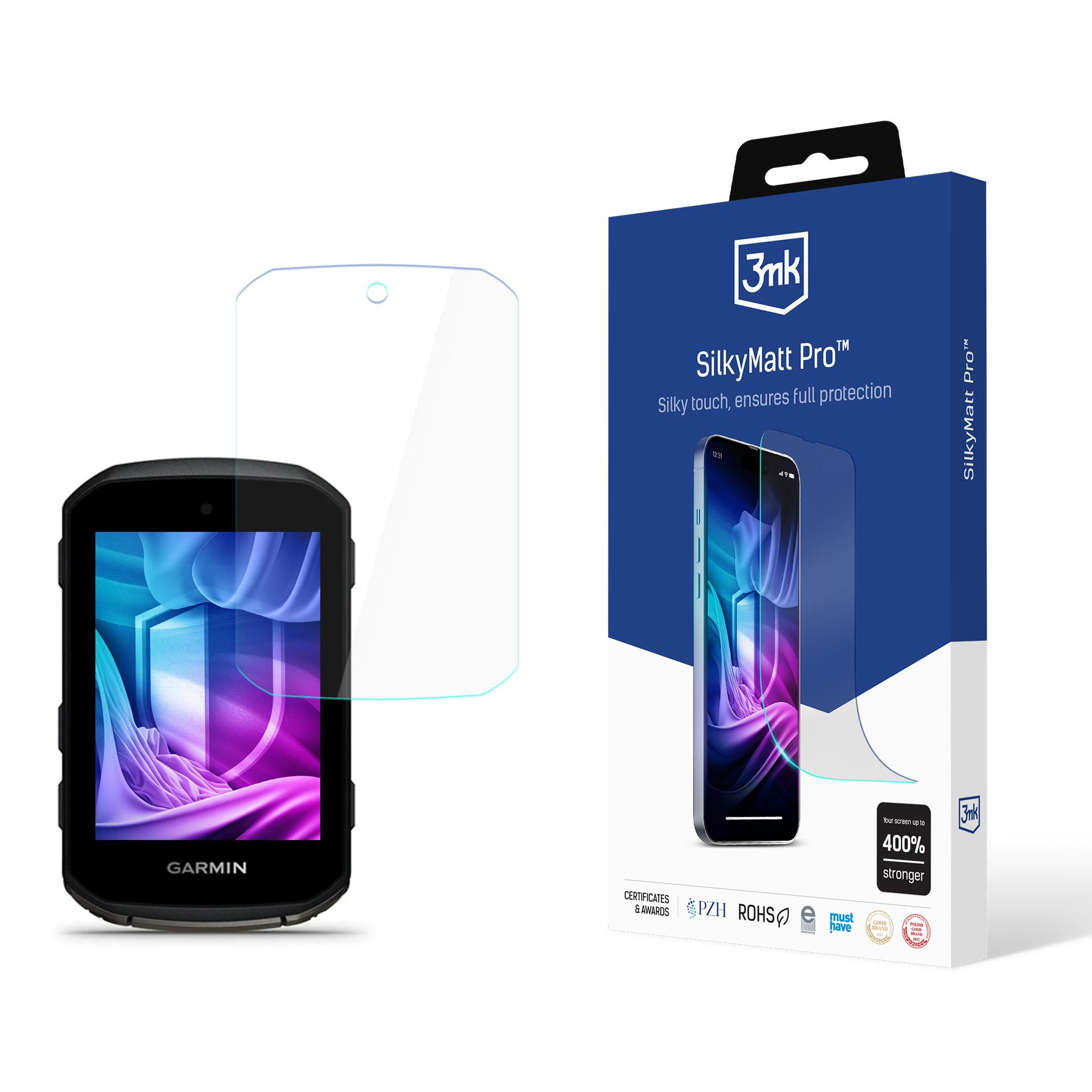 Un dispositivo Garmin, una protezione per lo schermo e una scatola del prodotto. La scatola pubblicizza SilkyMatt Pro.