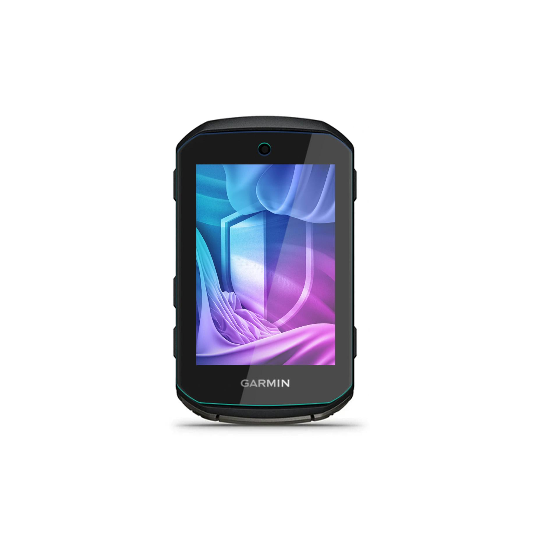Un dispositivo Garmin con cornice nera e schermo che mostra un design astratto blu e viola, su sfondo bianco.