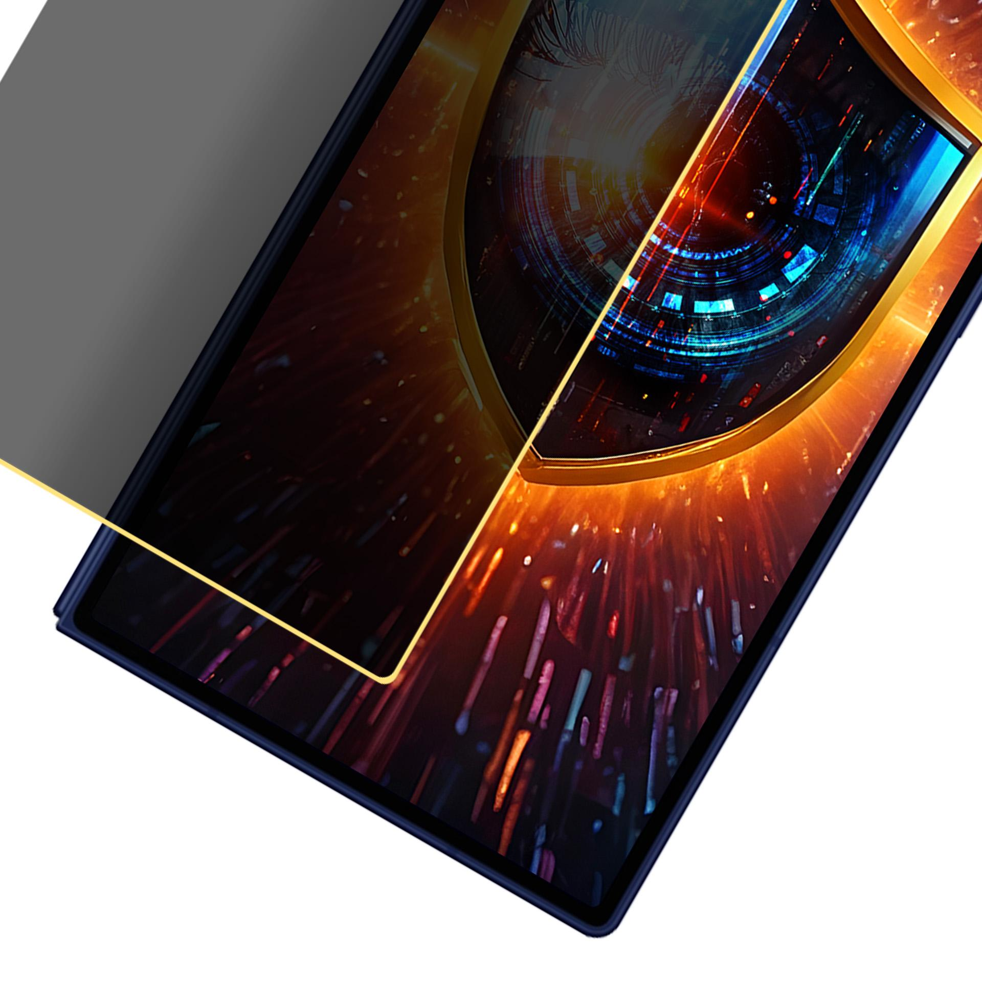 Schermo del tablet con cornice dorata. Lo schermo mostra un design digitale colorato con un filtro privacy sovrapposto.