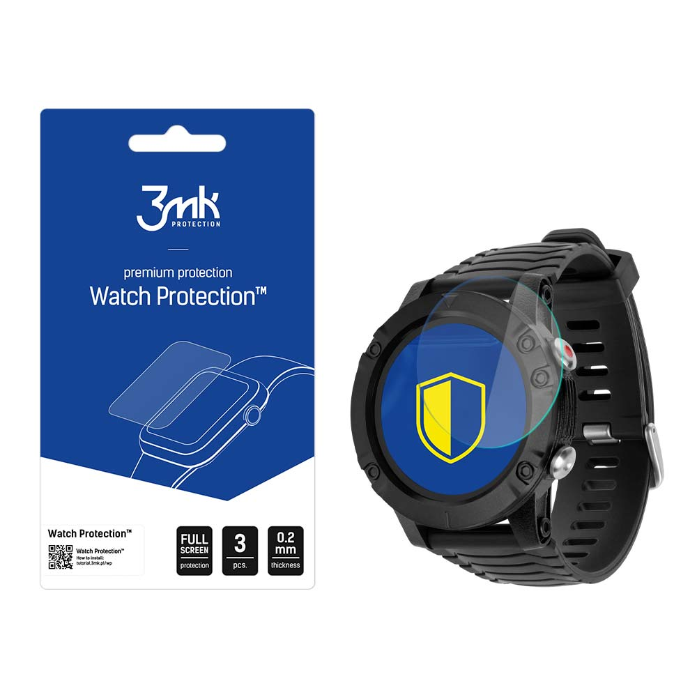 Un orologio con protezione schermo e una confezione blu per protezioni schermo. La confezione riporta il marchio e i dettagli.