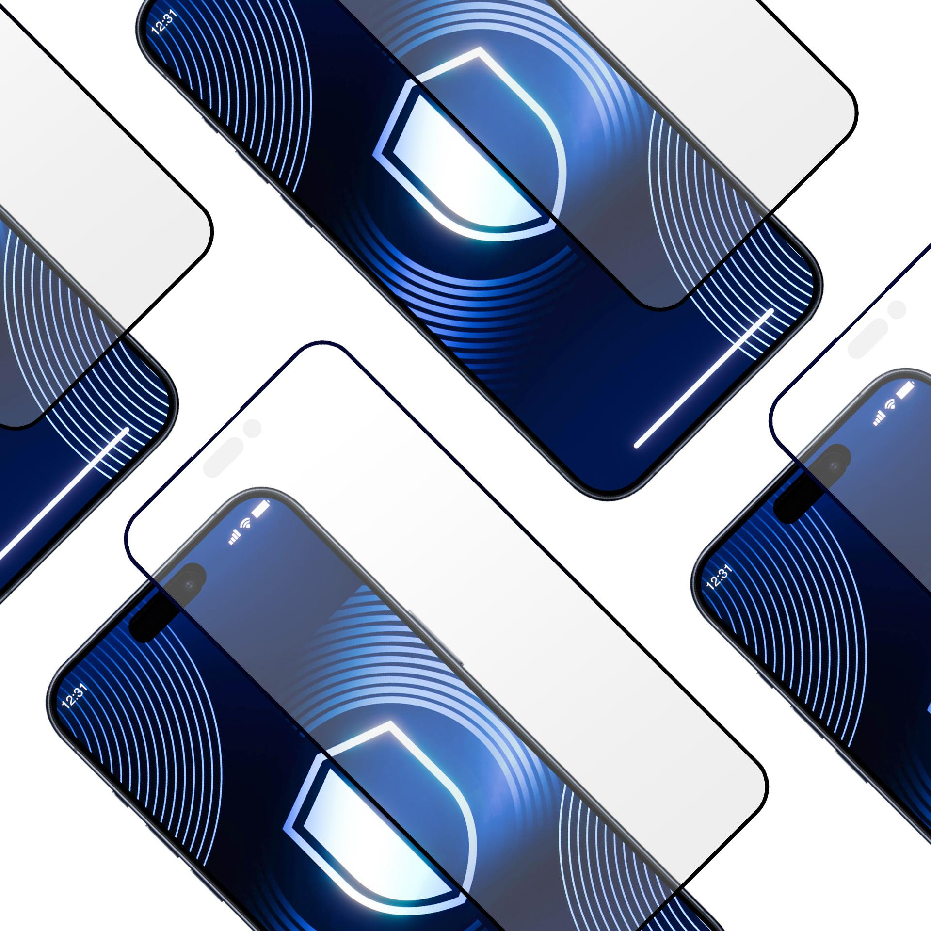 Più smartphone con protezioni schermo. Ognuno mostra un'icona scudo su sfondo blu. L'ora è 12:31.