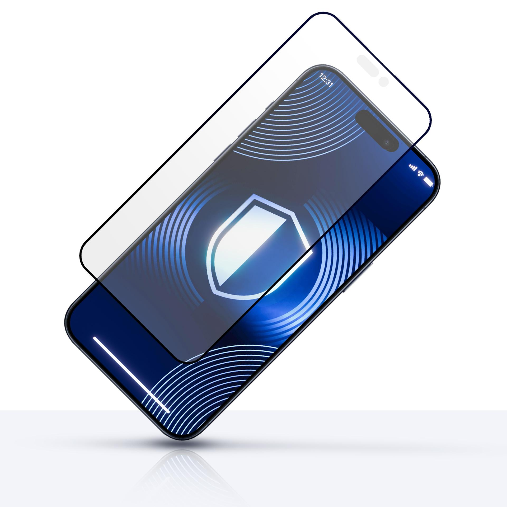 Uno smartphone con protezione schermo. Lo schermo mostra un'icona scudo su sfondo blu.