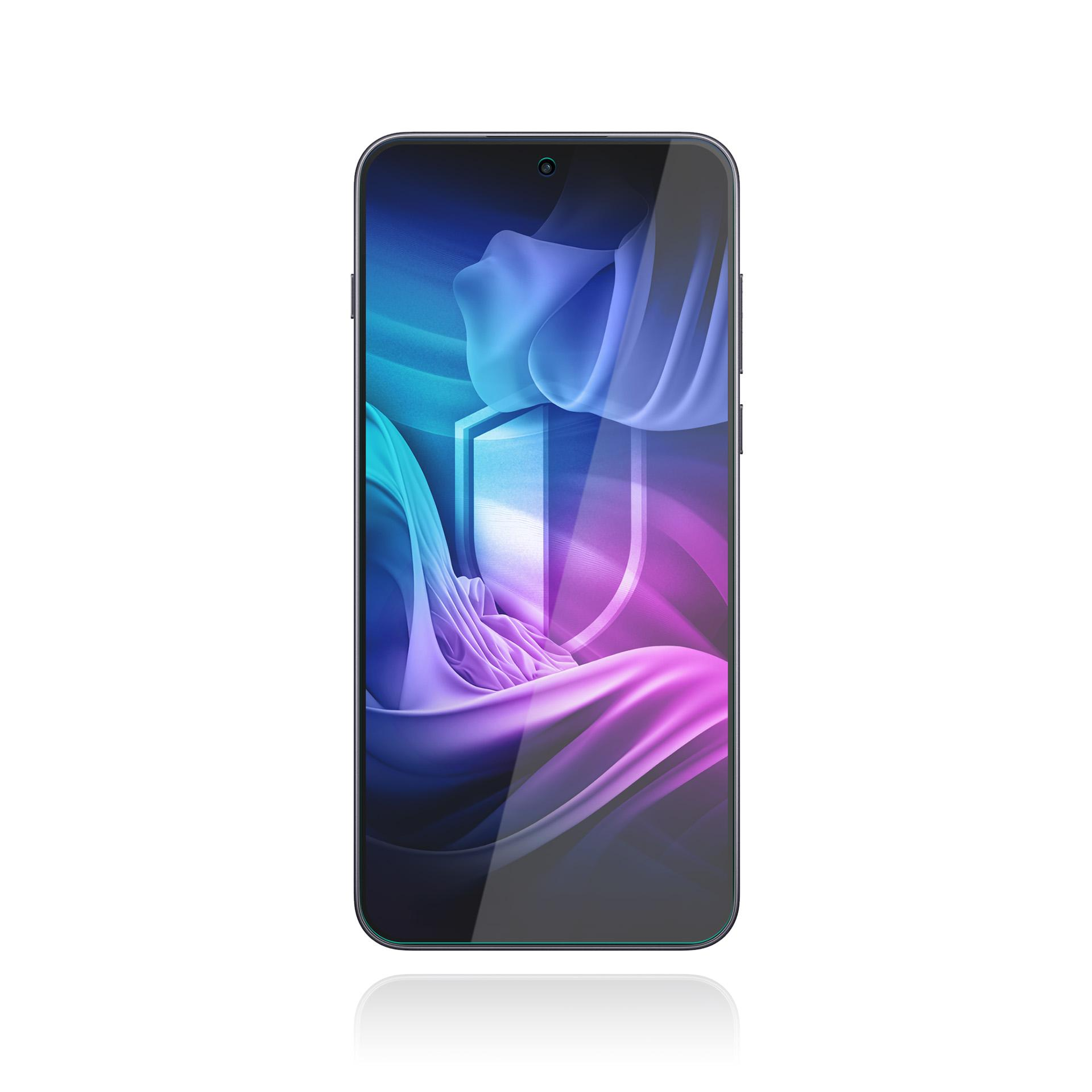 Uno smartphone con sfondo astratto colorato. Lo schermo mostra un design a scudo con sfumature blu, viola e rosa.
