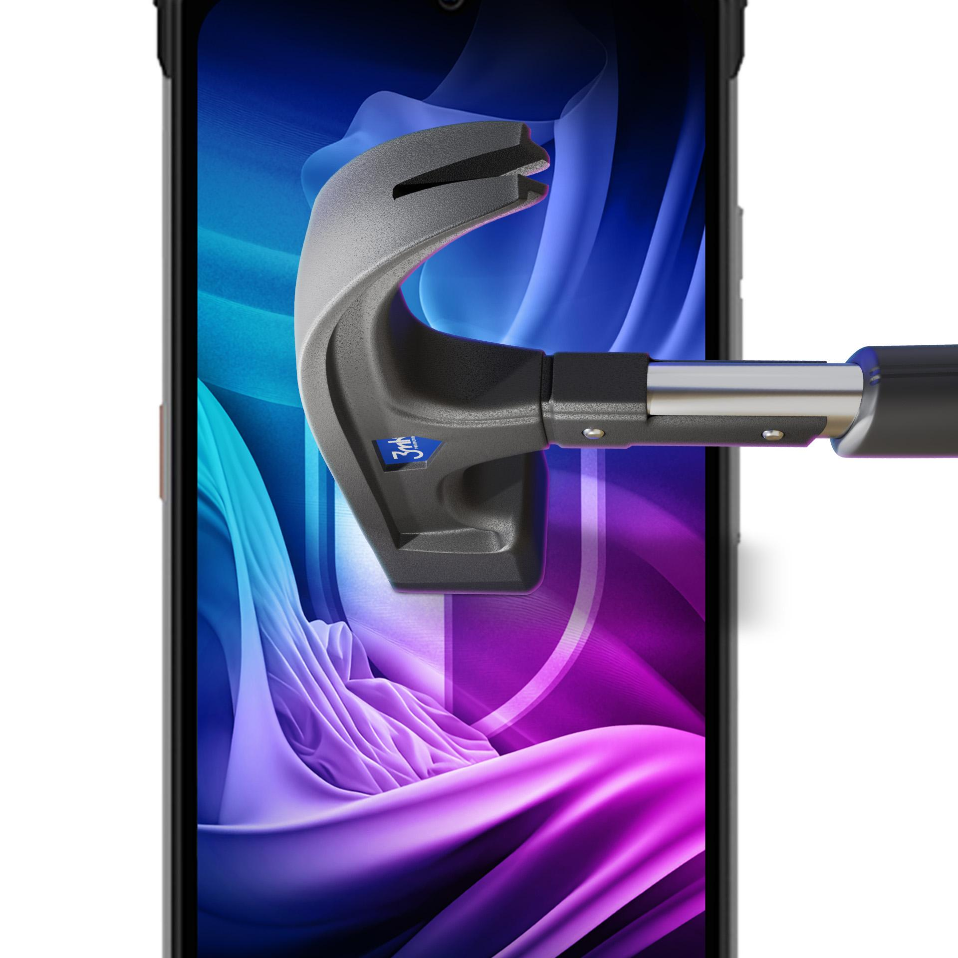 Lo schermo di un telefono viene colpito da un martello. Il telefono ha uno sfondo blu, viola e bianco.