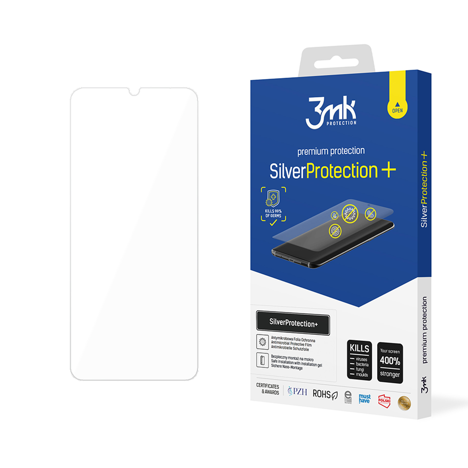 Una scatola per la protezione dello schermo del telefono. La scatola presenta un'immagine del telefono e testo, tra cui 'Silver Protection+' e 'Kills 99% of germs'.