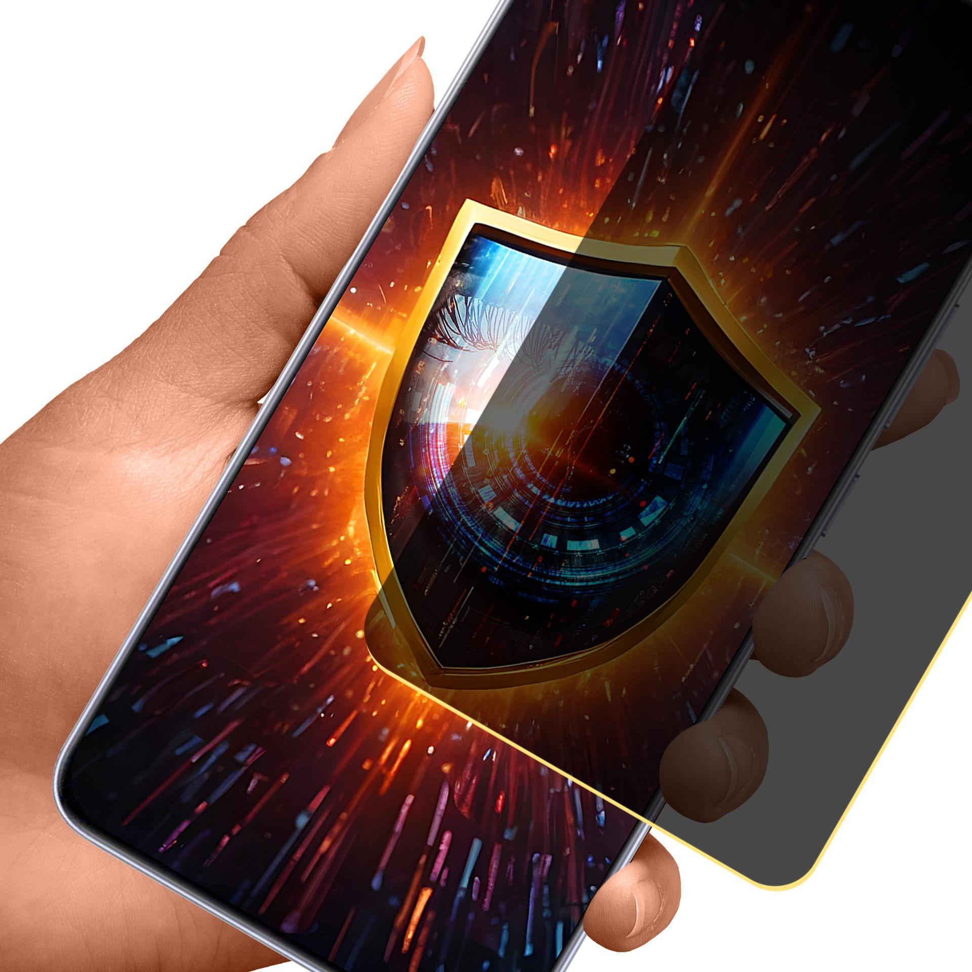 Mano che tiene in mano smartphone con grafica a scudo sullo schermo. Sfondo rosso, arancione e blu e protezione schermo grigio scuro.