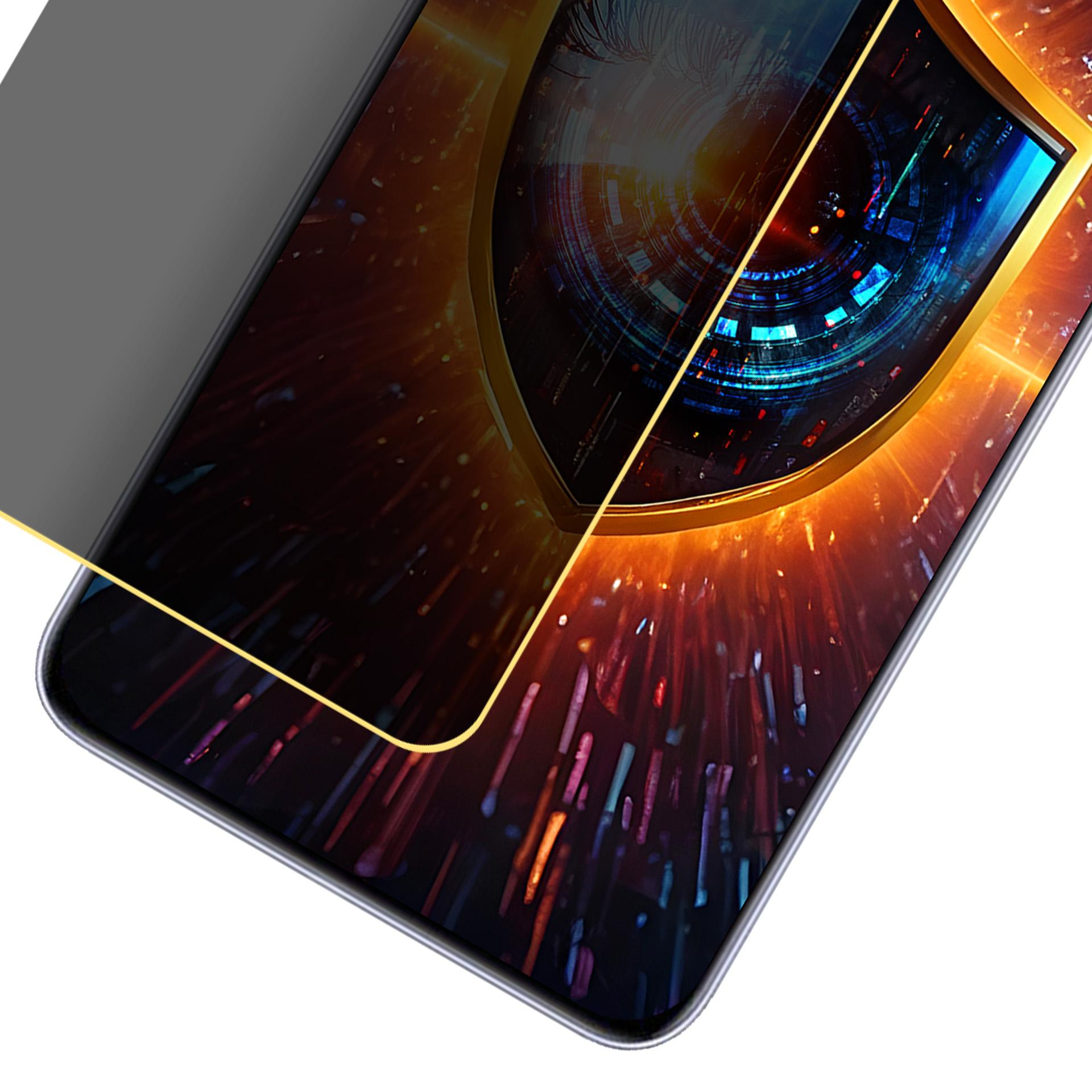 Smartphone con schermo che mostra dati digitali. Un'immagine a scudo con un occhio.