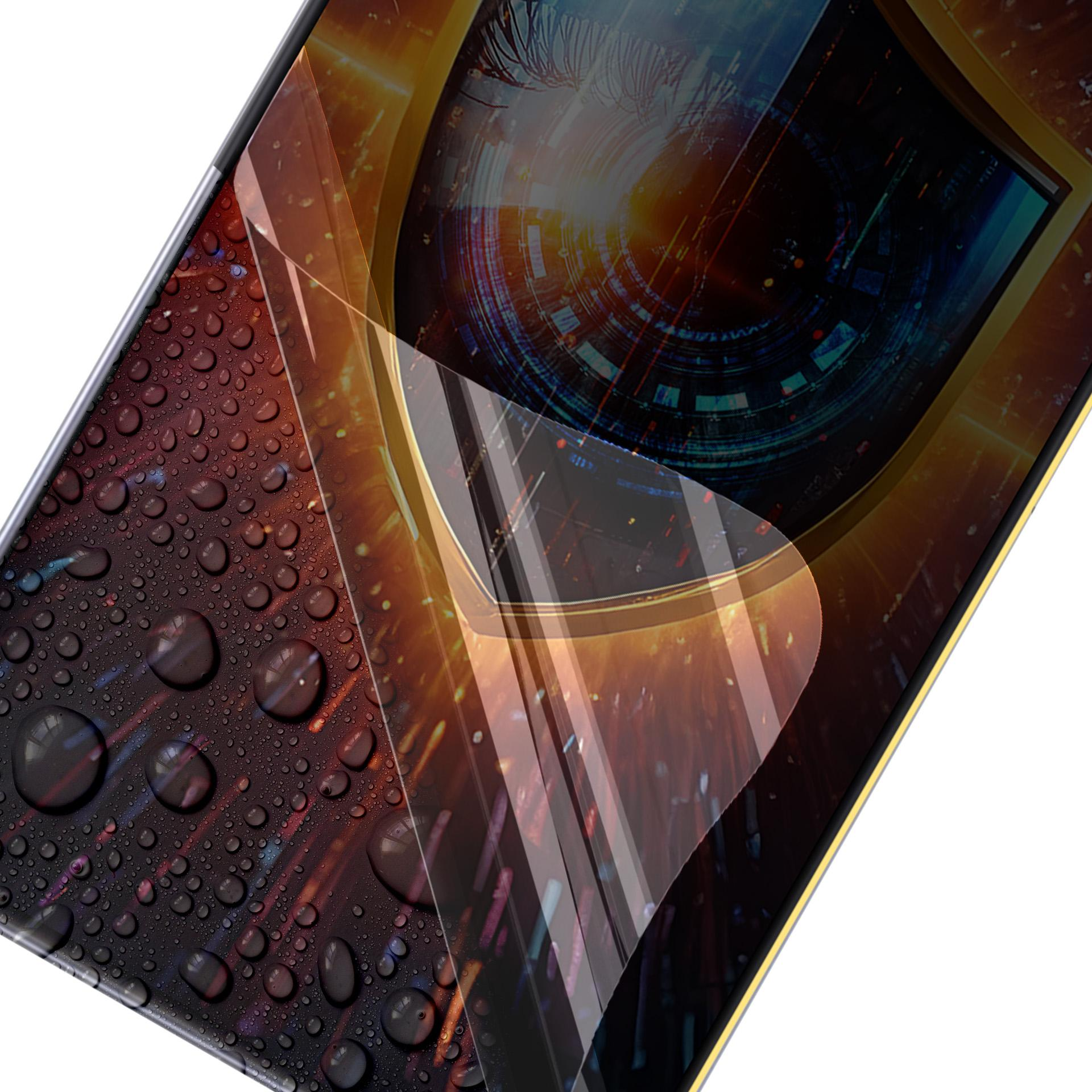 Schermo del telefono con gocce d'acqua. Sovrapposizione grafica occhio. Sfondo digitale astratto. Proteggi schermo trasparente.