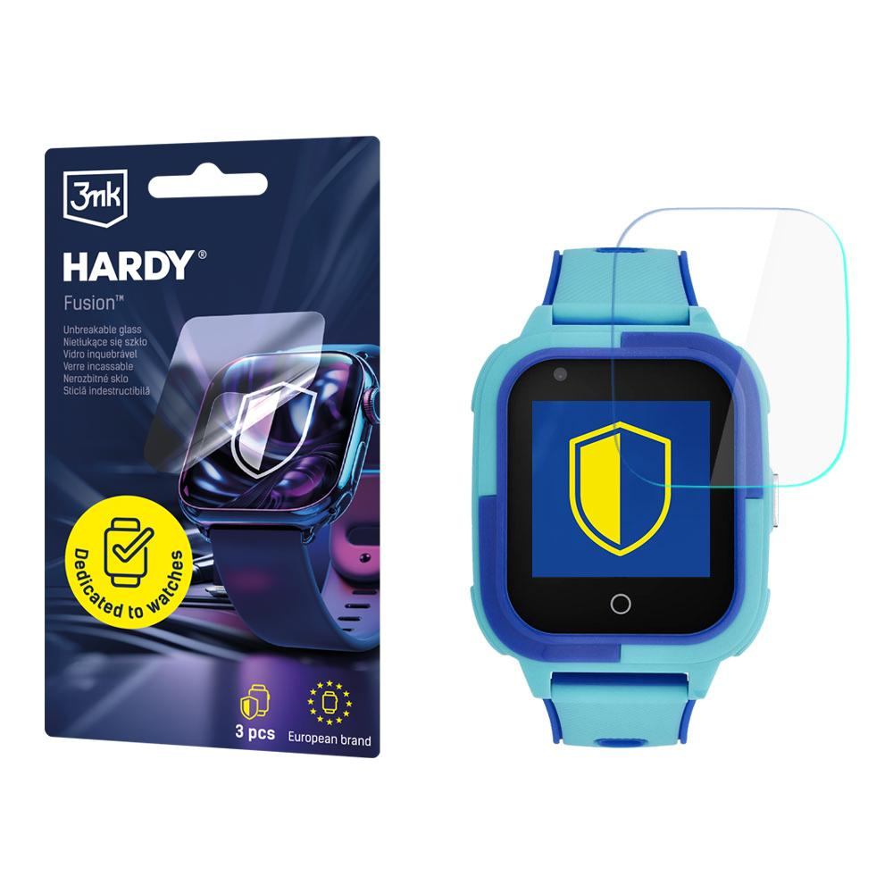 Wyświetlono smartwatch i opakowanie ochraniacza ekranu. Zegarek jest niebieski z żółtą ikoną tarczy. Opakowanie pokazuje nazwę marki.