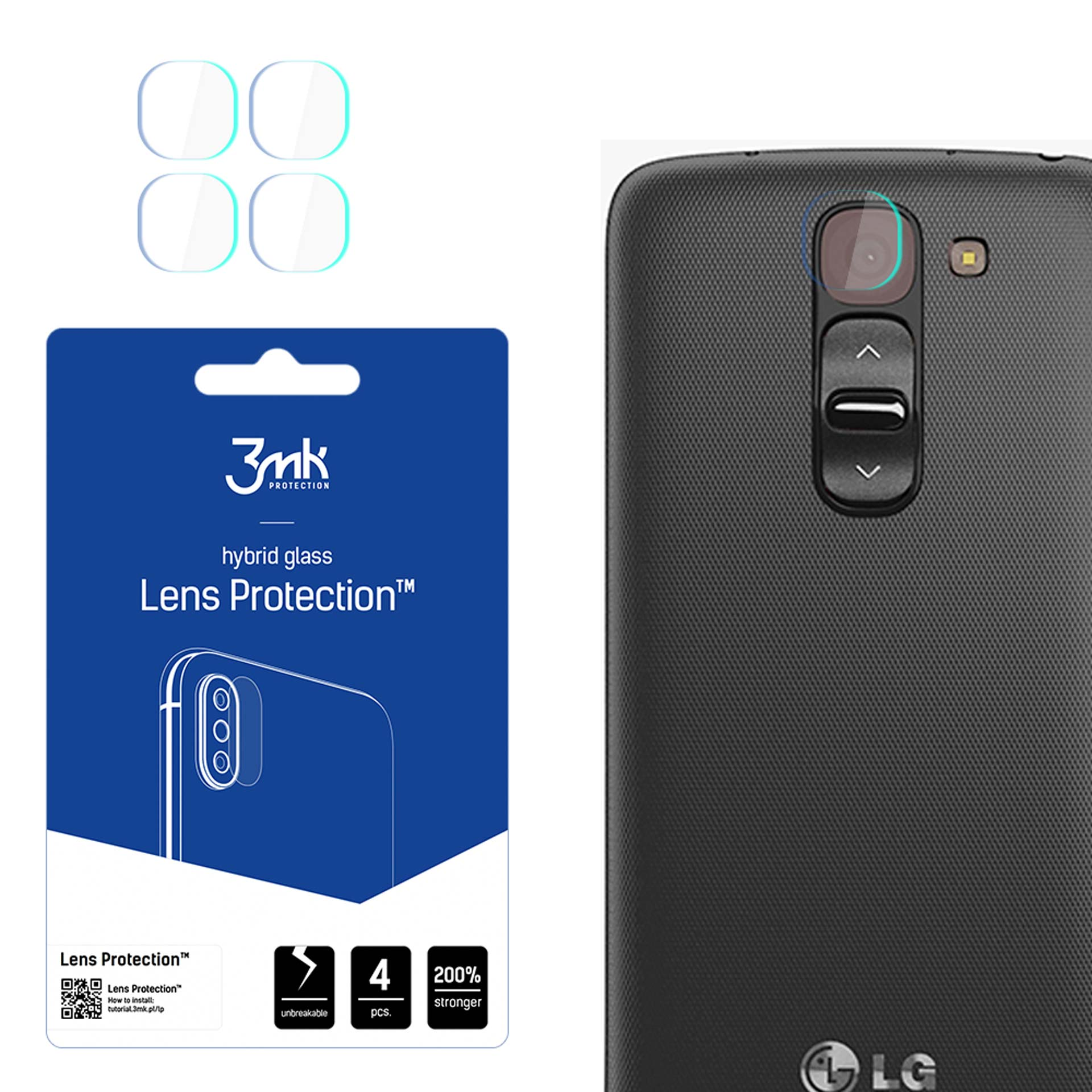 L'immagine mostra protezioni per lenti del telefono e il retro di un telefono. La confezione mostra le protezioni. Il telefono è nero con il logo LG.