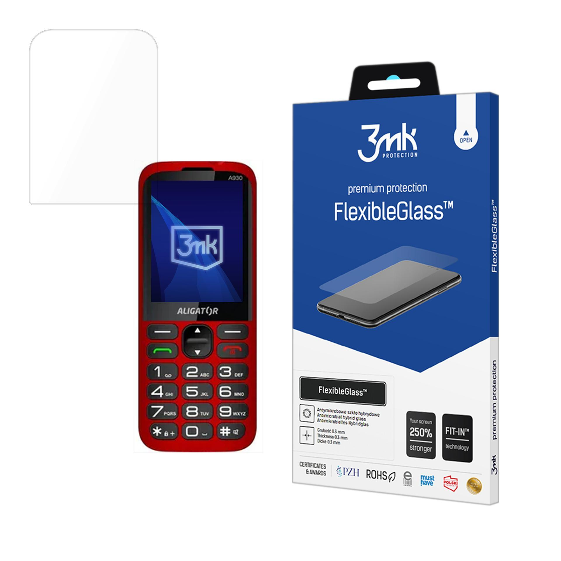 Un telefono cellulare rosso accanto a una scatola blu e bianca. La scatola ha la scritta 'FlexibleGlass'.