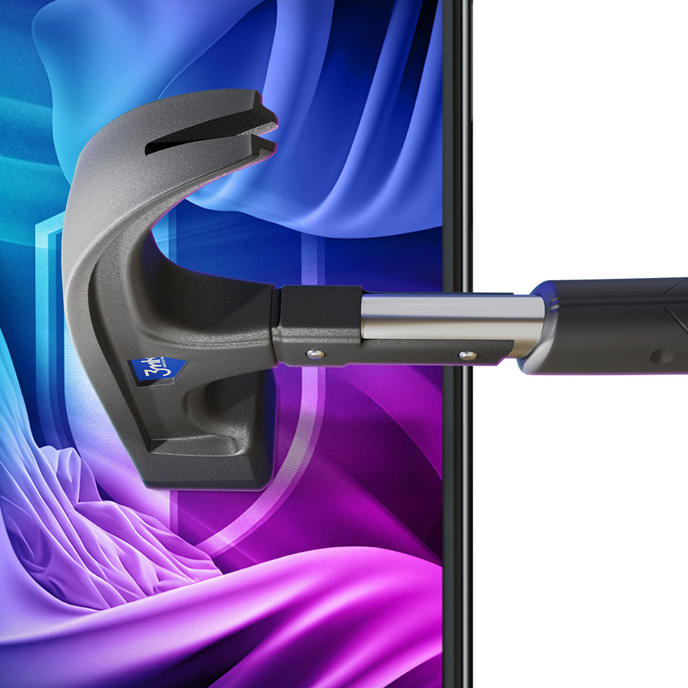 Un martello grigio colpisce lo schermo di uno smartphone. Lo sfondo presenta motivi ondulati blu e viola.