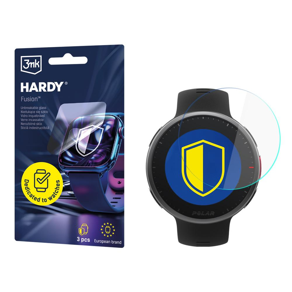 Smartwatch z ochroną ekranu obok opakowania. Ochrona ekranu ma kształt tarczy. Zegarek jest czarny.