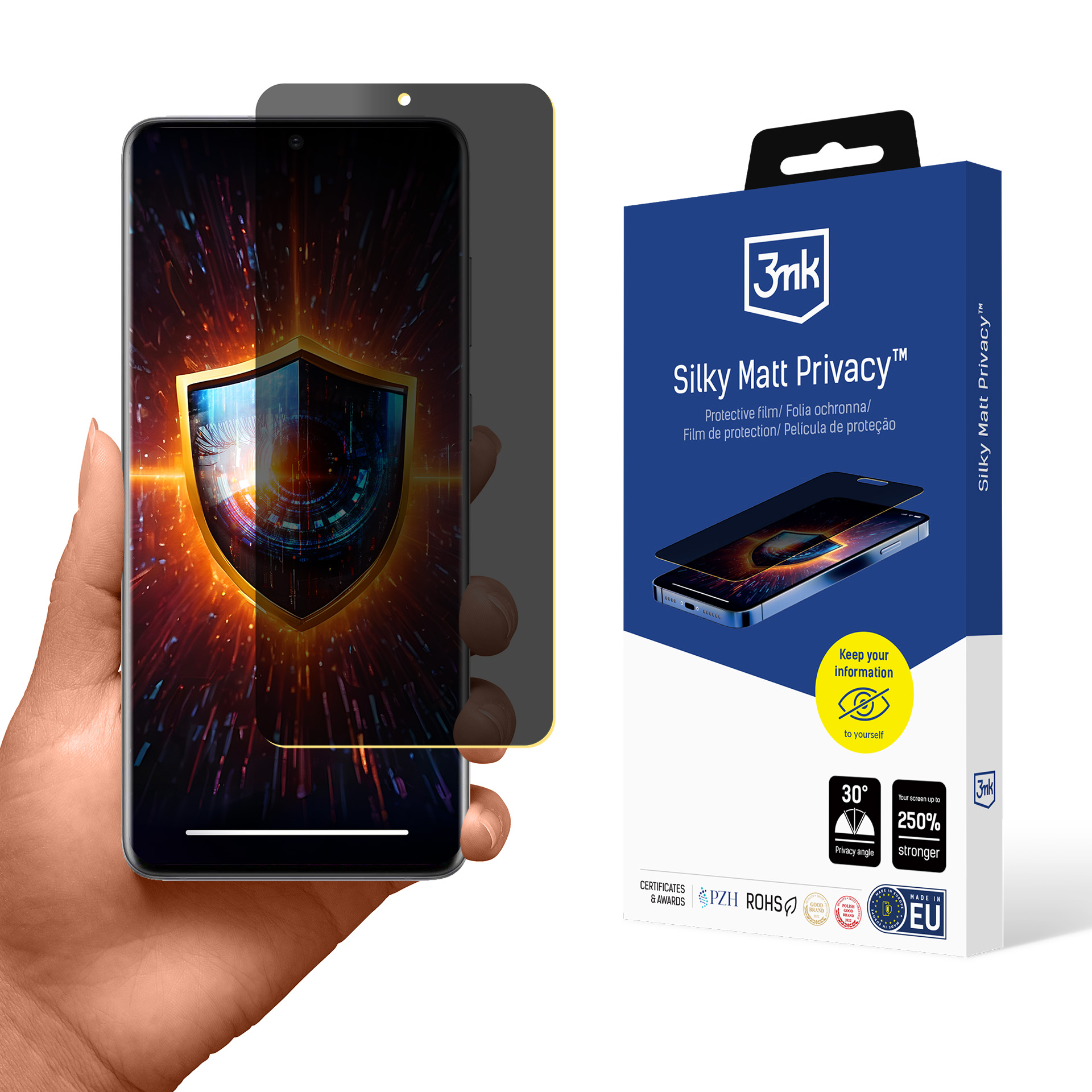Mano che tiene un telefono con protezione schermo. Scatola con info prodotto a destra.