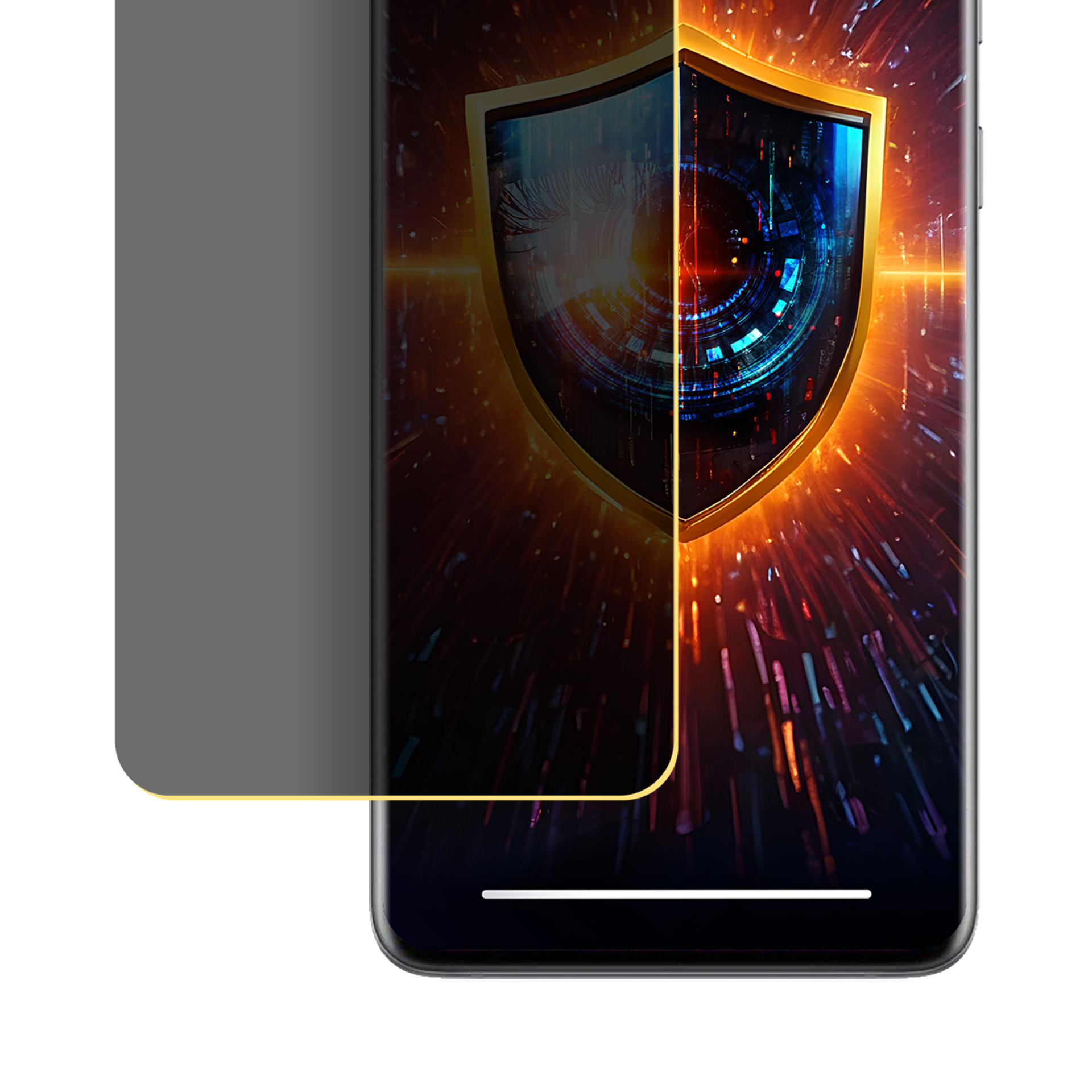 Schermo dello smartphone con icona scudo, protezione schermo privacy e sfondo bianco.