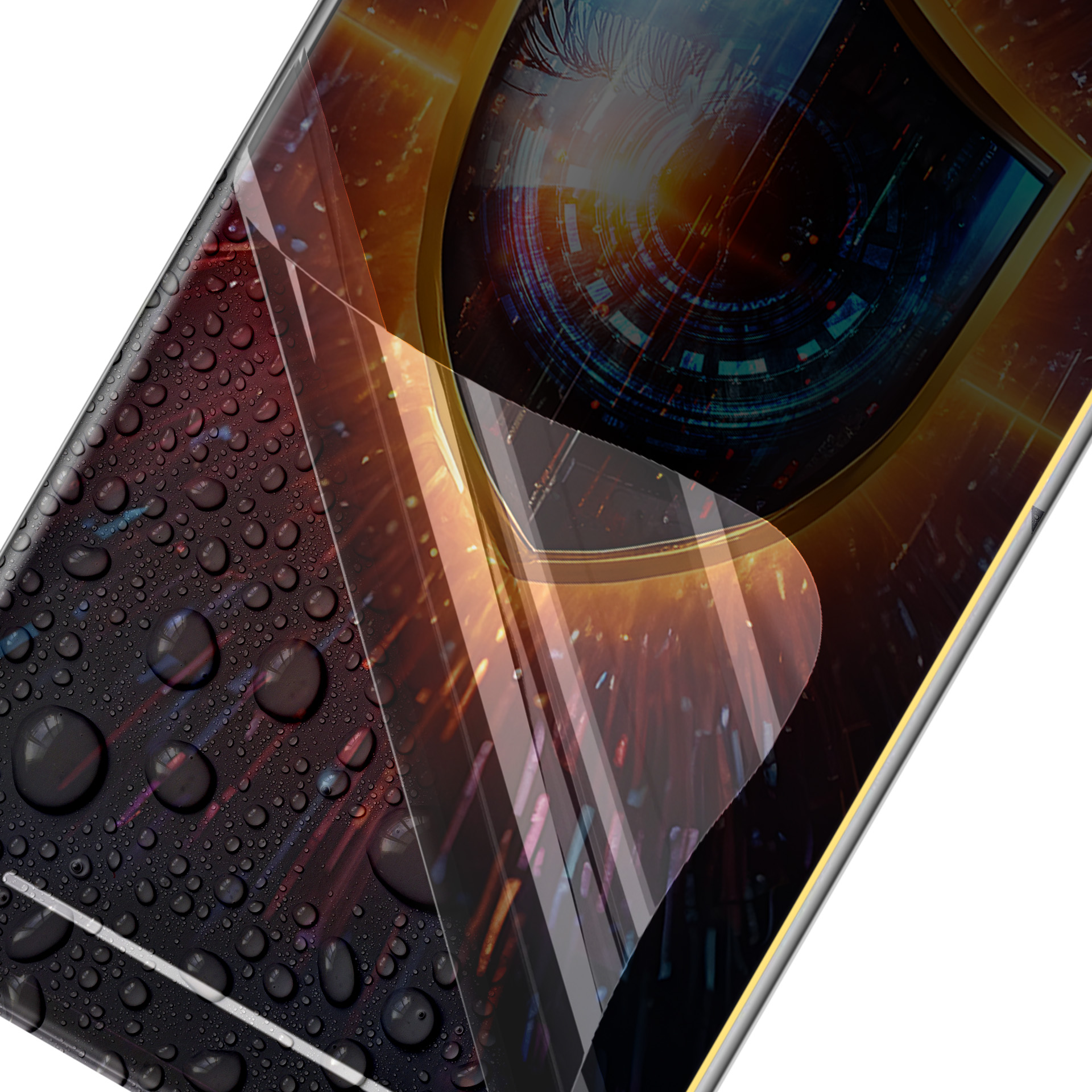 Schermo del telefono con gocce d'acqua, design futuristico a occhio e cornice dorata.