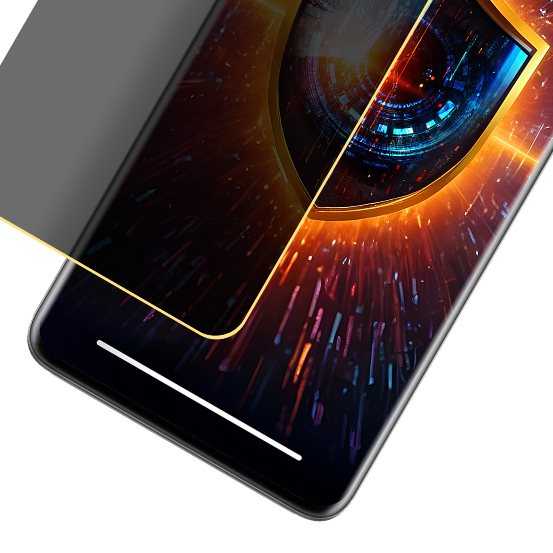 Uno smartphone con protezione schermo che mostra un design digitale con cornice dorata ed elementi rossi e blu.