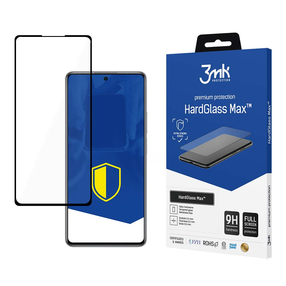 Un telefono con una protezione per lo schermo accanto alla scatola. La scatola dice HardGlass Max, durezza 9H e protezione schermo completa.