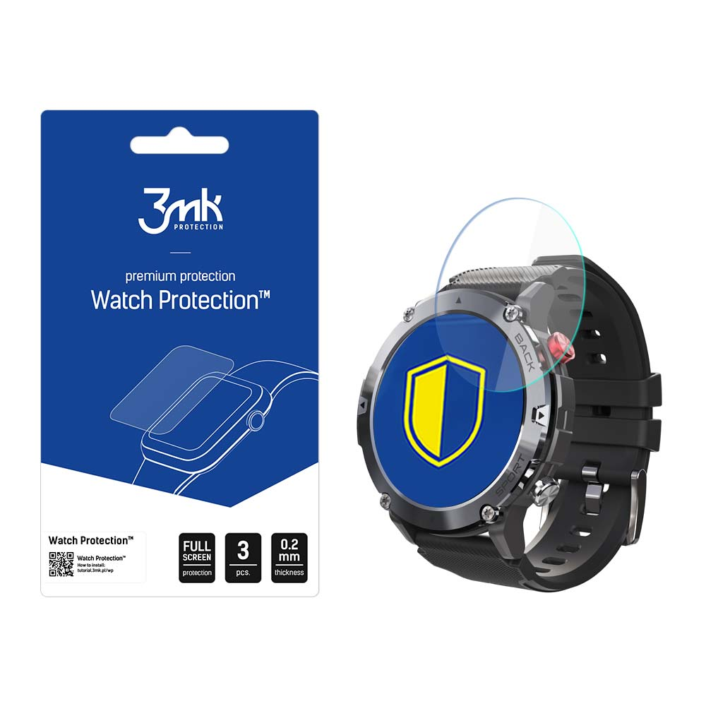 Uno smartwatch con una protezione schermo accanto alla confezione. La confezione mostra il marchio e i dettagli del prodotto.