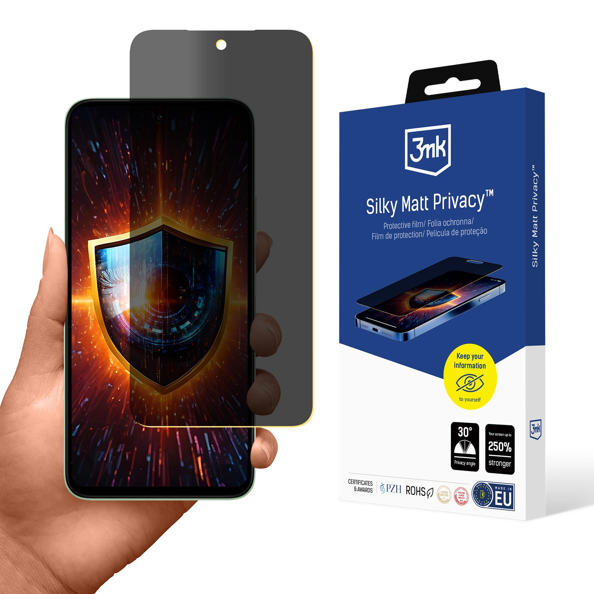 Una mano tiene un telefono con uno schermo privacy. Sulla destra una scatola con 'Silky Matt Privacy'.
