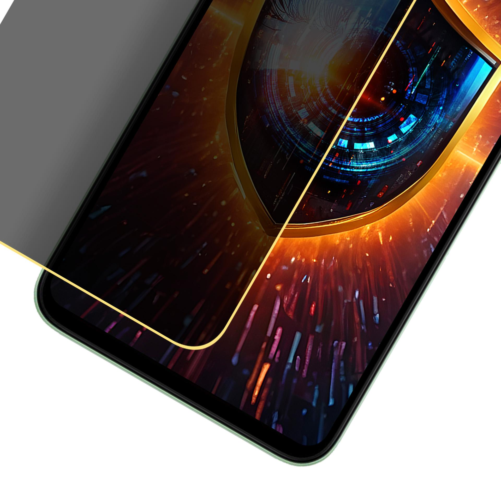 Schermo dello smartphone con protezione. Il display mostra un occhio digitale con effetti colorati brillanti.
