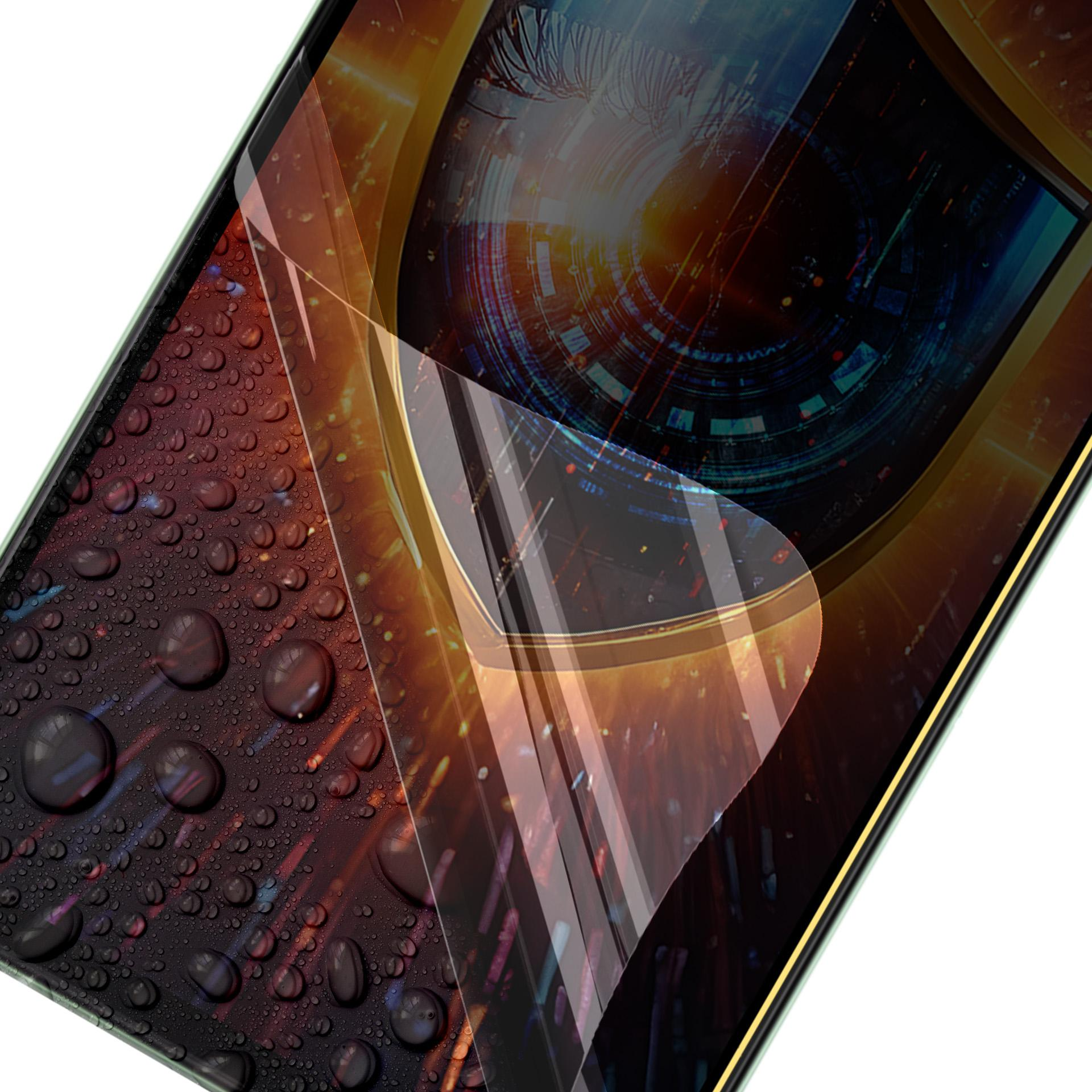 Schermo del telefono con gocce d'acqua, design dell'occhio e sfondo digitale astratto.