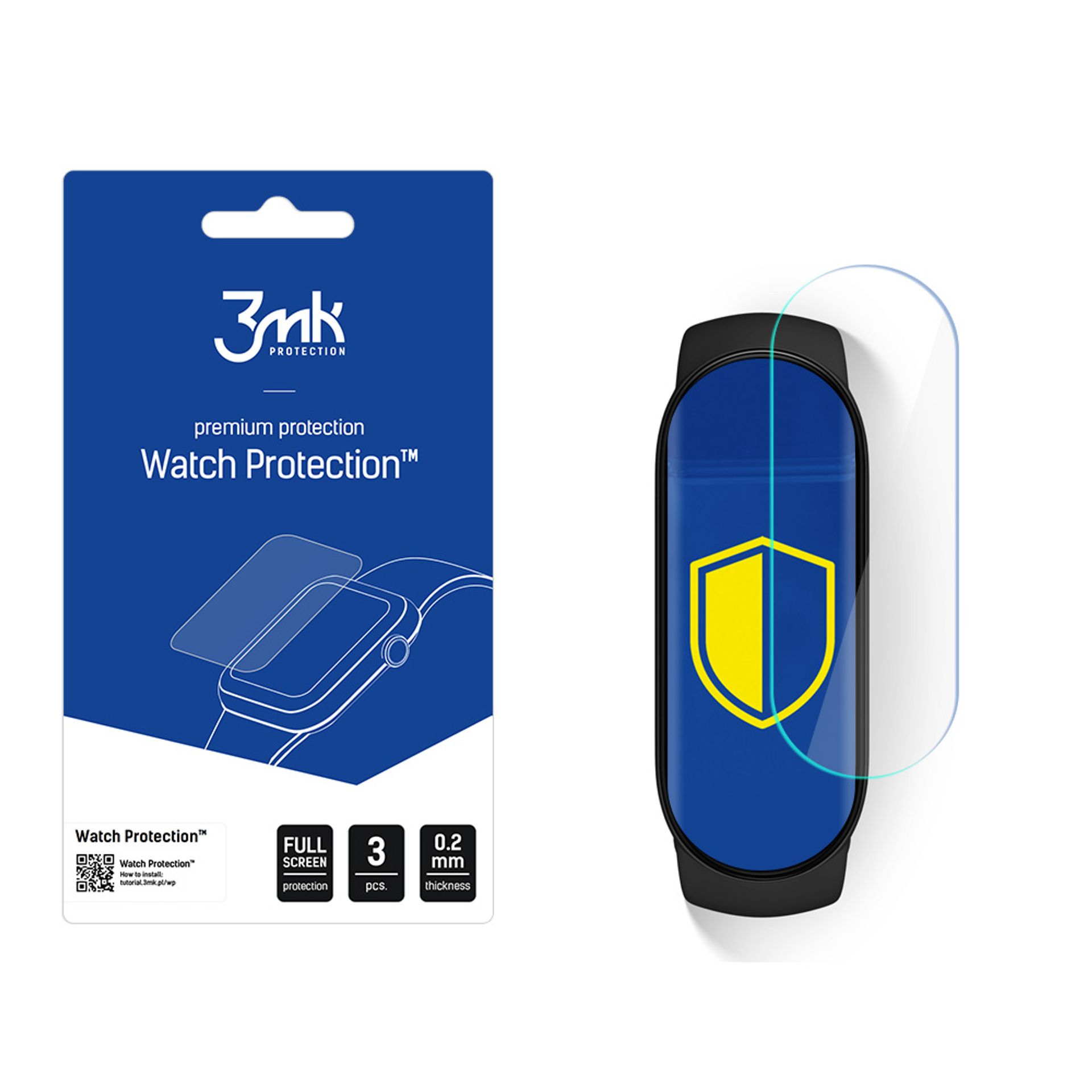 Un proteggi schermo per orologio. Confezione blu e bianca con immagine di smartwatch e scudo. Include proteggi schermo e orologio.