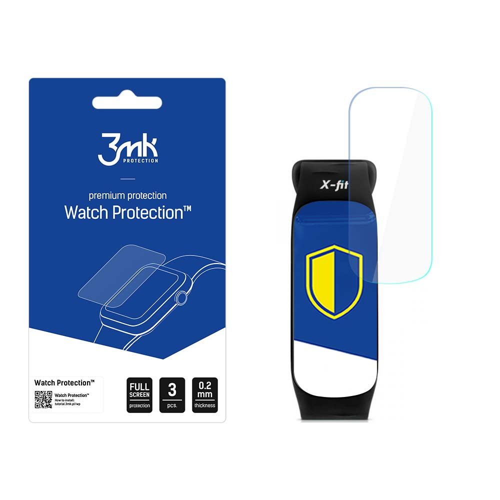 Una confezione di protezione per schermo dell'orologio e uno smartwatch. La confezione è blu e bianca con dettagli del prodotto.