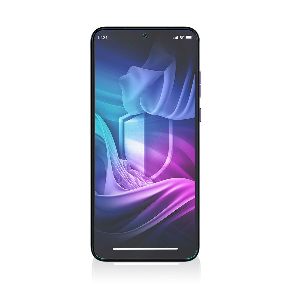 Smartphone con sfondo sfumato, icona a scudo e visualizzazione dell'ora. Bordi neri con protezione schermo verde.