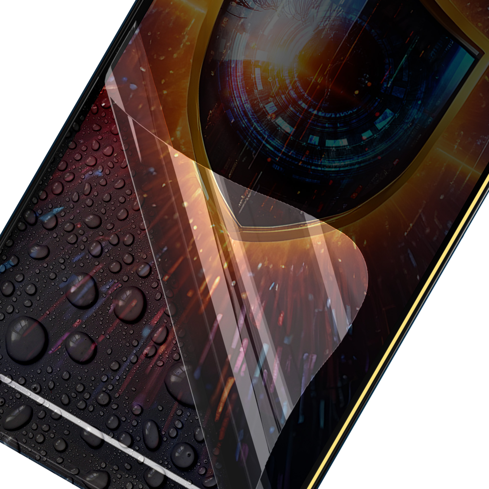 Un proteggi schermo per telefono su un telefono. Il proteggi schermo è trasparente, con goccioline d'acqua sulla superficie nera.