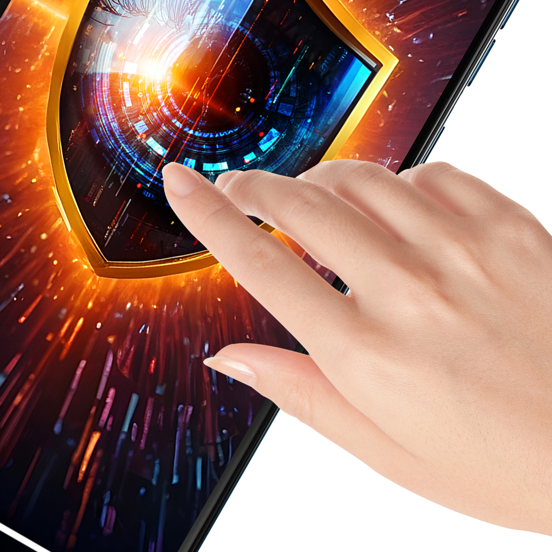 Una mano tocca lo schermo di un telefono. Lo schermo mostra uno scudo digitale con luci blu e arancioni.