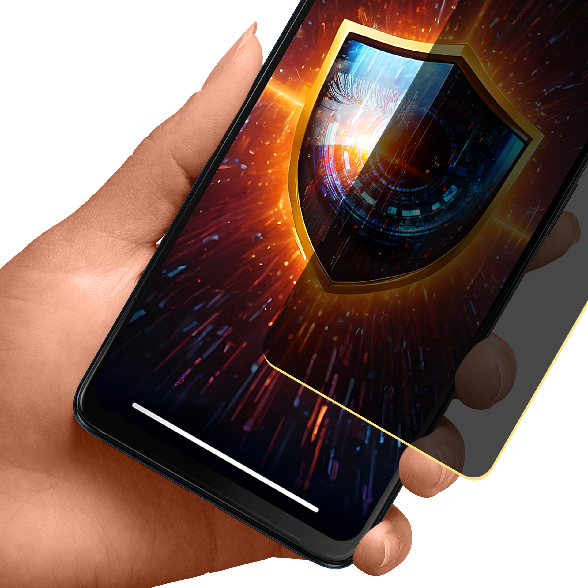 Una mano che tiene uno smartphone con una grafica a scudo sullo schermo, un protettore è parzialmente applicato.