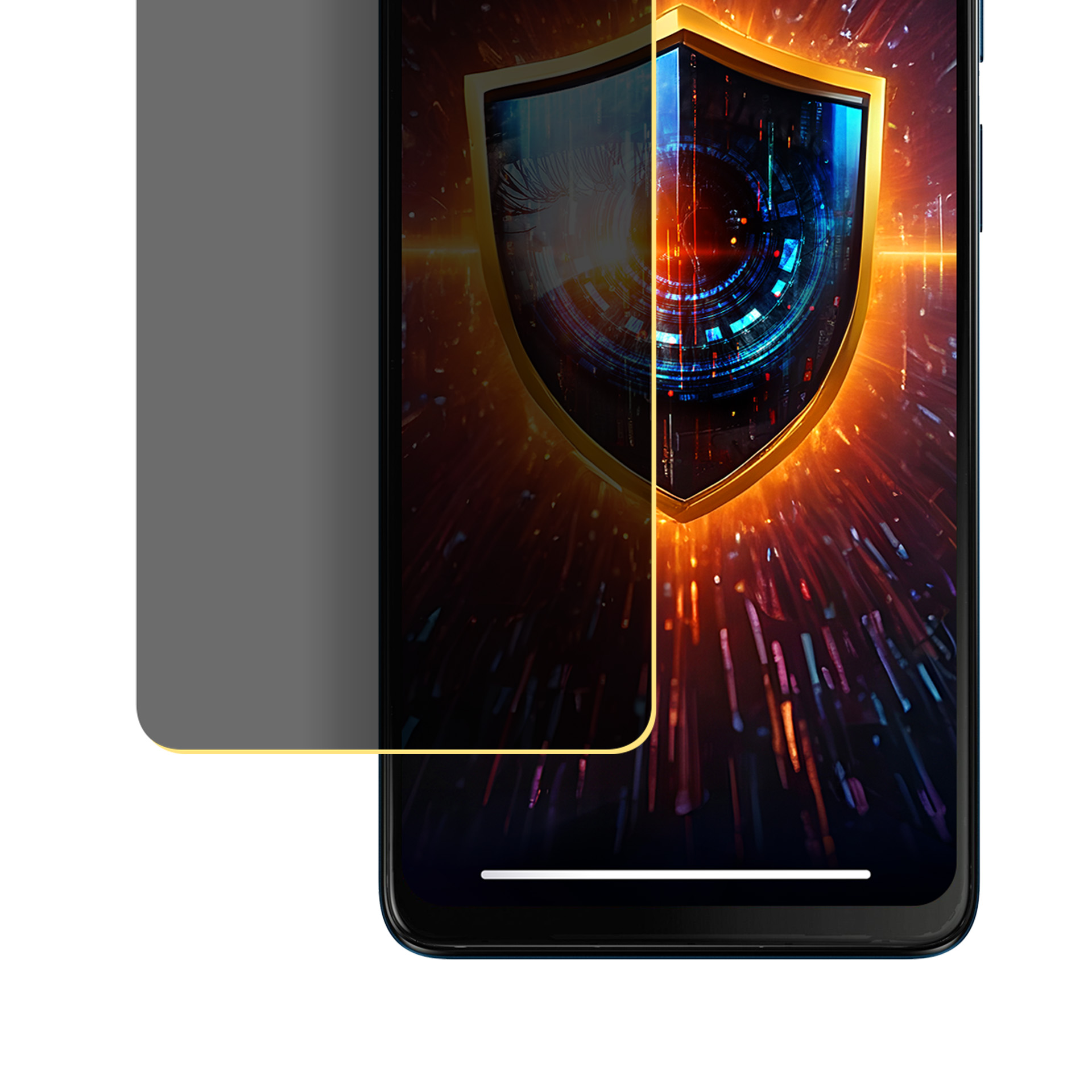 Schermo di smartphone con icona scudo, pellicola protettiva e sfondo luminoso.