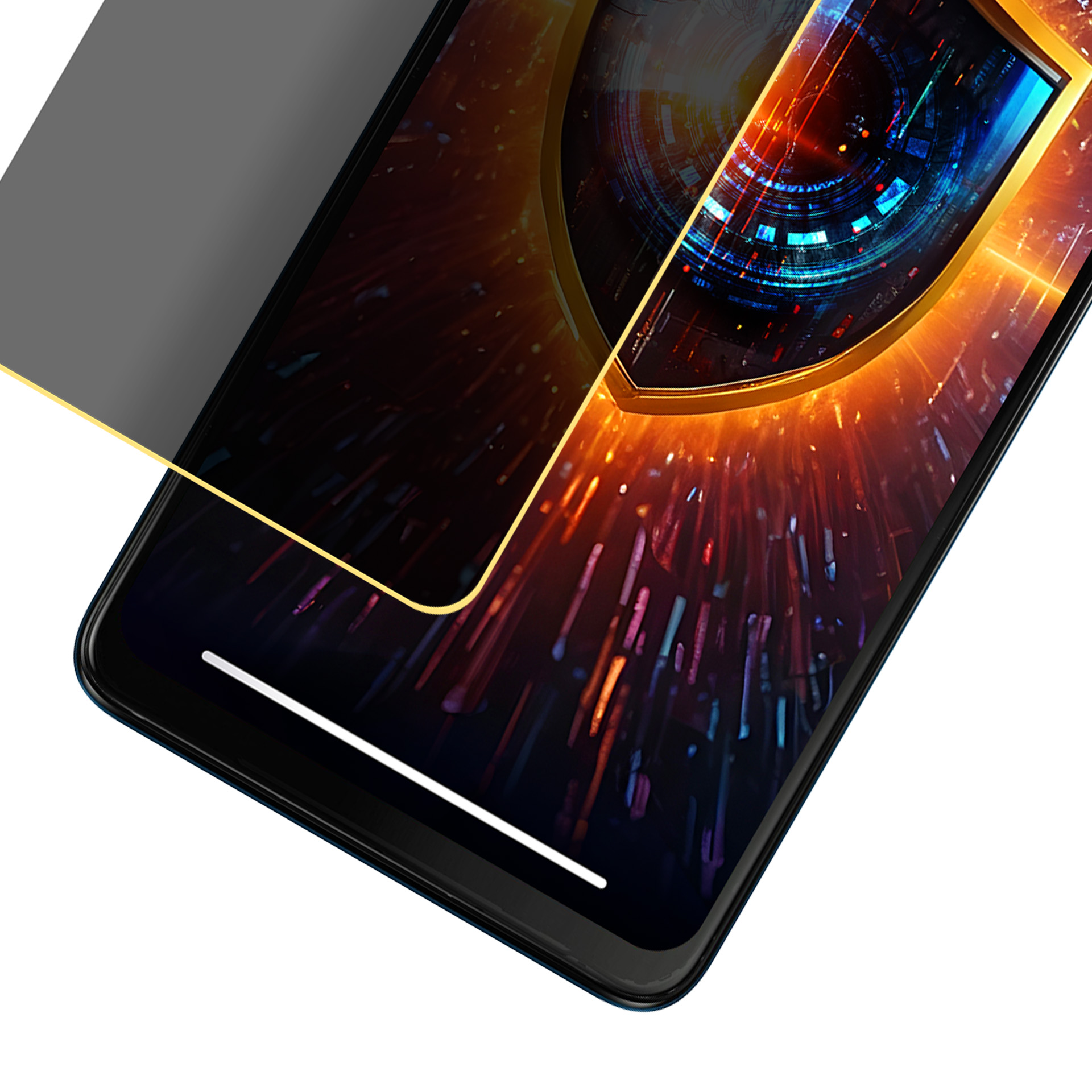 Smartphone con protezione schermo. Lo schermo mostra un design a scudo digitale. La protezione è grigia e angolata.