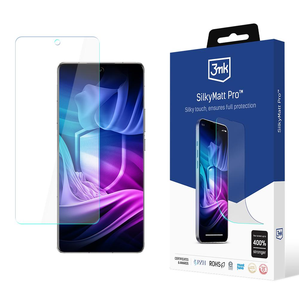 Un telefono con protezione schermo e una confezione. La confezione riporta la scritta 'SilkyMatt Pro' e lo schermo è in fase di test.
