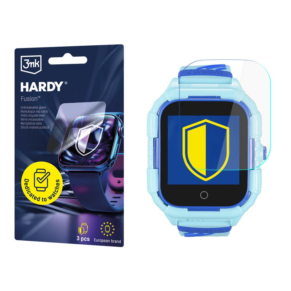 Niebieski smartwatch z ochroną ekranu obok opakowania ochraniaczy ekranu.