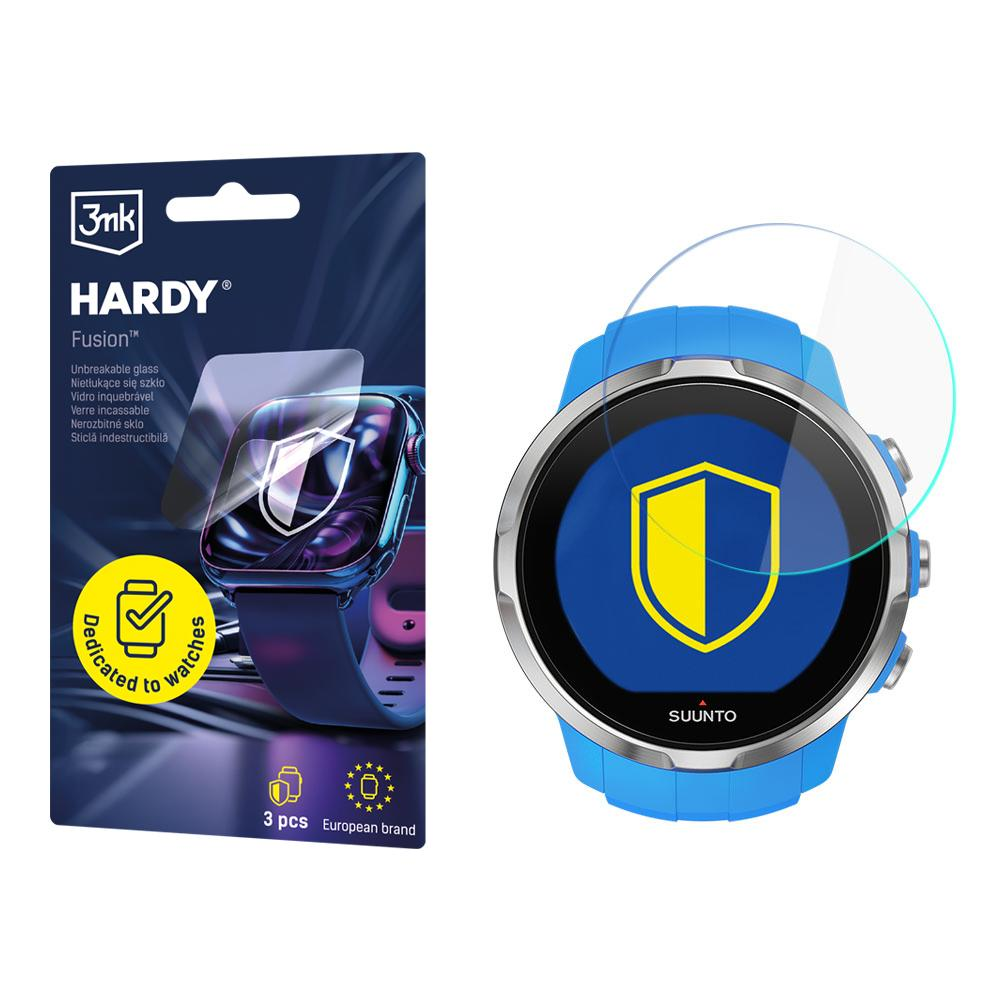 Zdjęcie przedstawia niebieski smartwatch i opakowanie ochronne na ekran. Zegarek ma niebieski pasek i żółto-niebieski wyświetlacz.