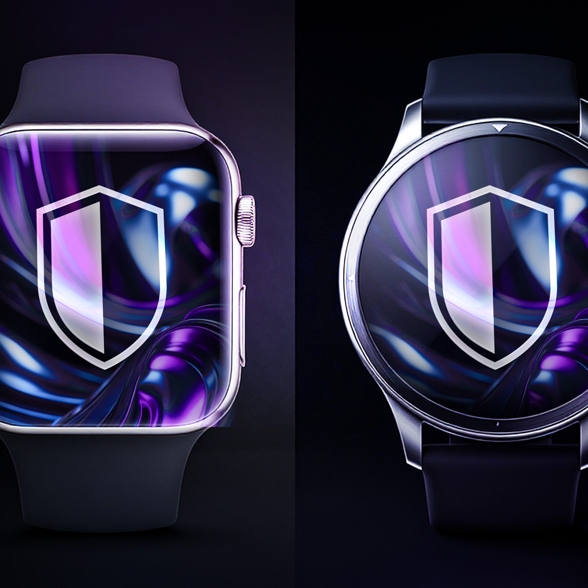 Dwa smartwatche z ikoną tarczy, symbolizującą ochronę, na ciemnym tle i abstrakcyjnych wzorach.