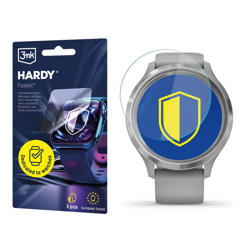 Smartwatch z ochraniaczem ekranu. Ochraniacz ma żółtą tarczę na niebieskim tle. Opakowanie po lewej.